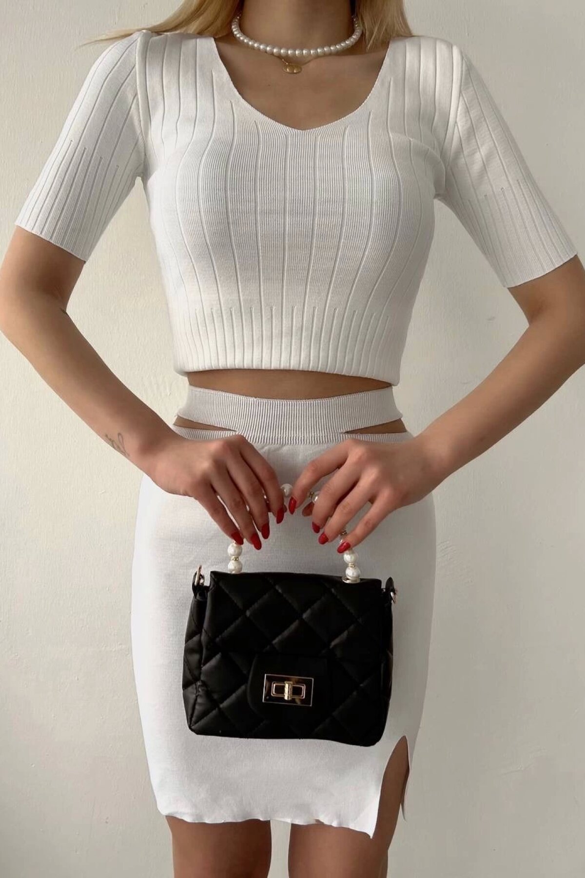 White Knit Two-Piece Set with Skirt - Özer&Hermin