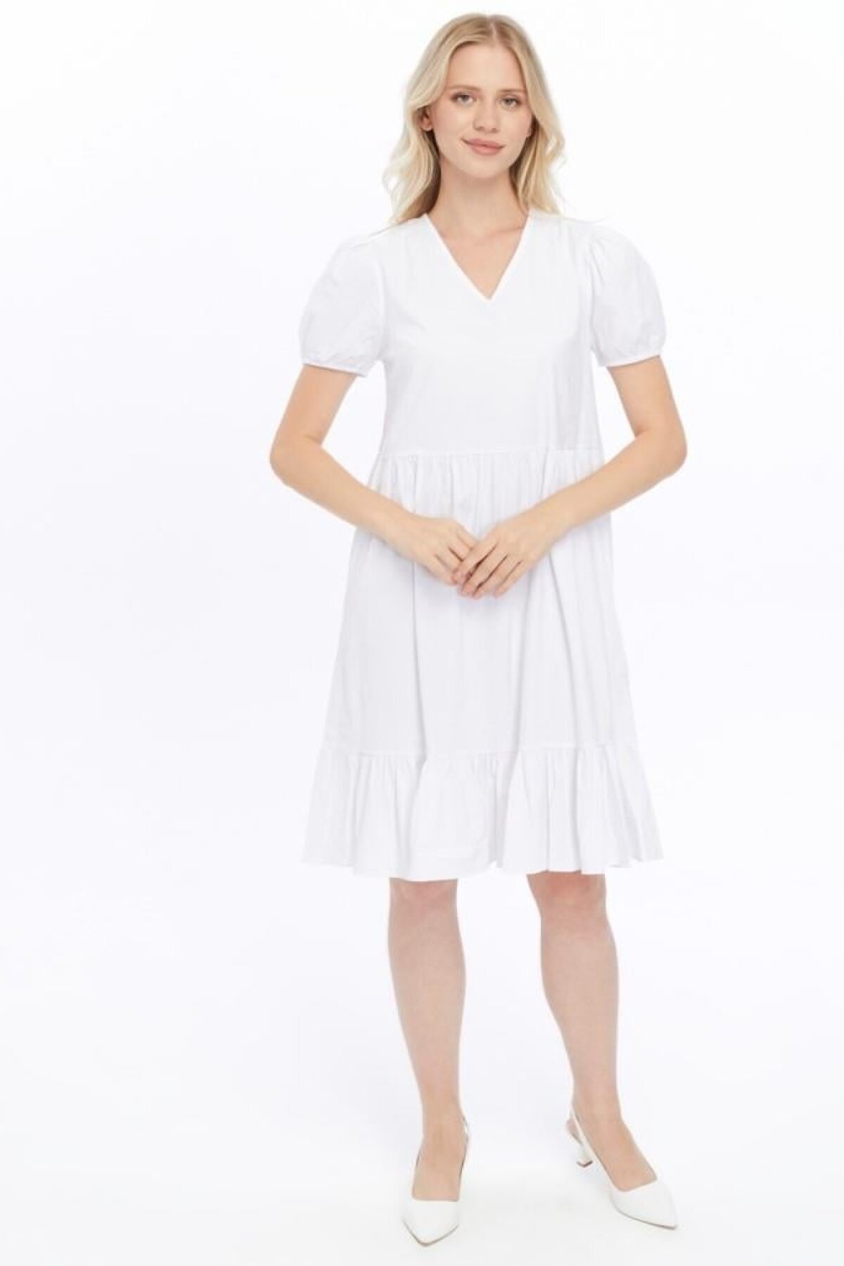 Beyaz Midi V Yaka Büzgülü Cotton Elbise - APSEN