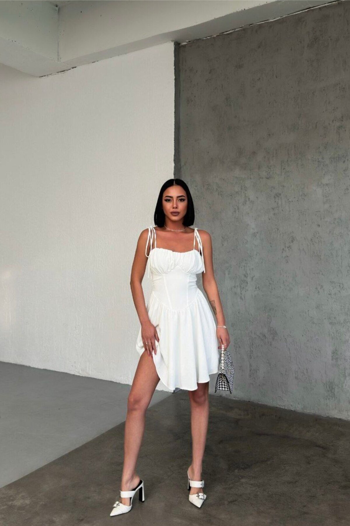White Mini Smocked Back Tie-Detail Strappy Flared Dress - OlaLady