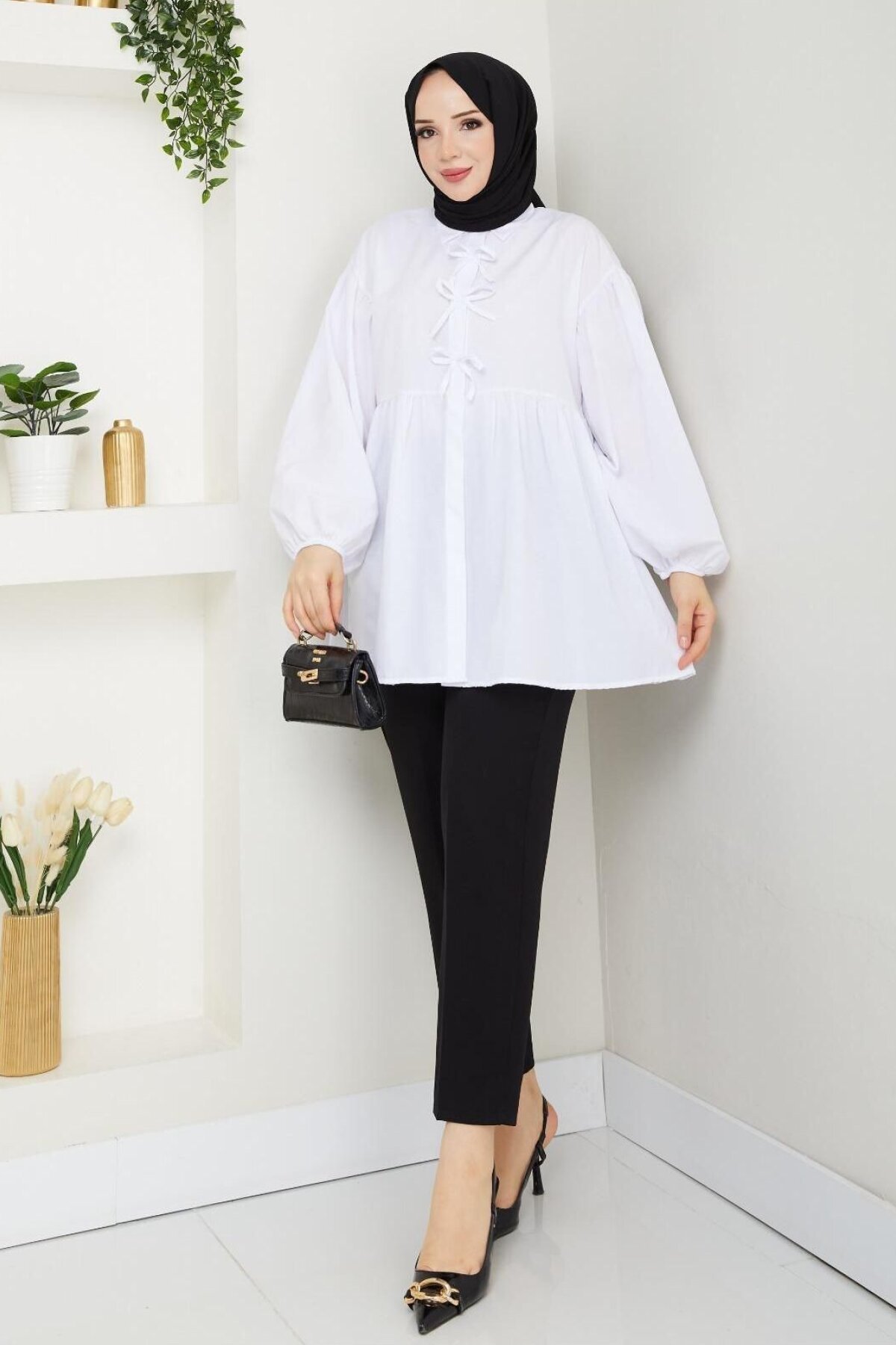 White Poplin Tunic with Bow and Balloon Sleeves - Nergis Neva Butik
