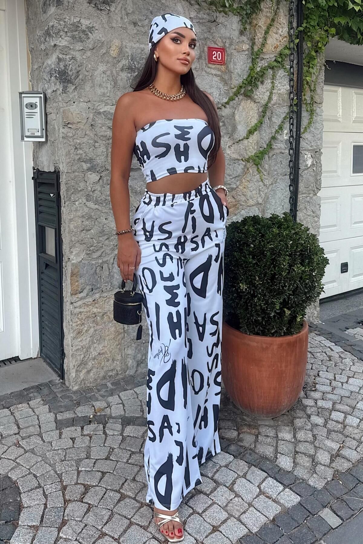 طقم صيفي ثلاثي مريح فضفاض أبيض مطبوع: سروال شالوار، توب قصير مرن، وباندانا - Baby Xclub