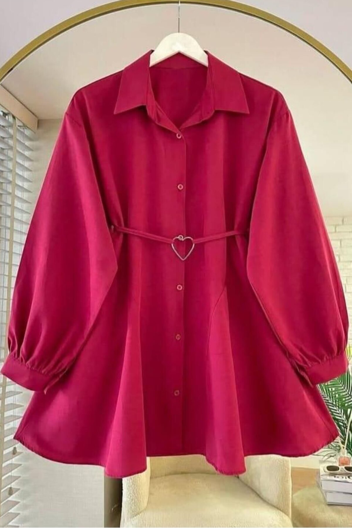 Bordo Kalp Tokalı Kemerli Tunik - Nergis Neva Butik