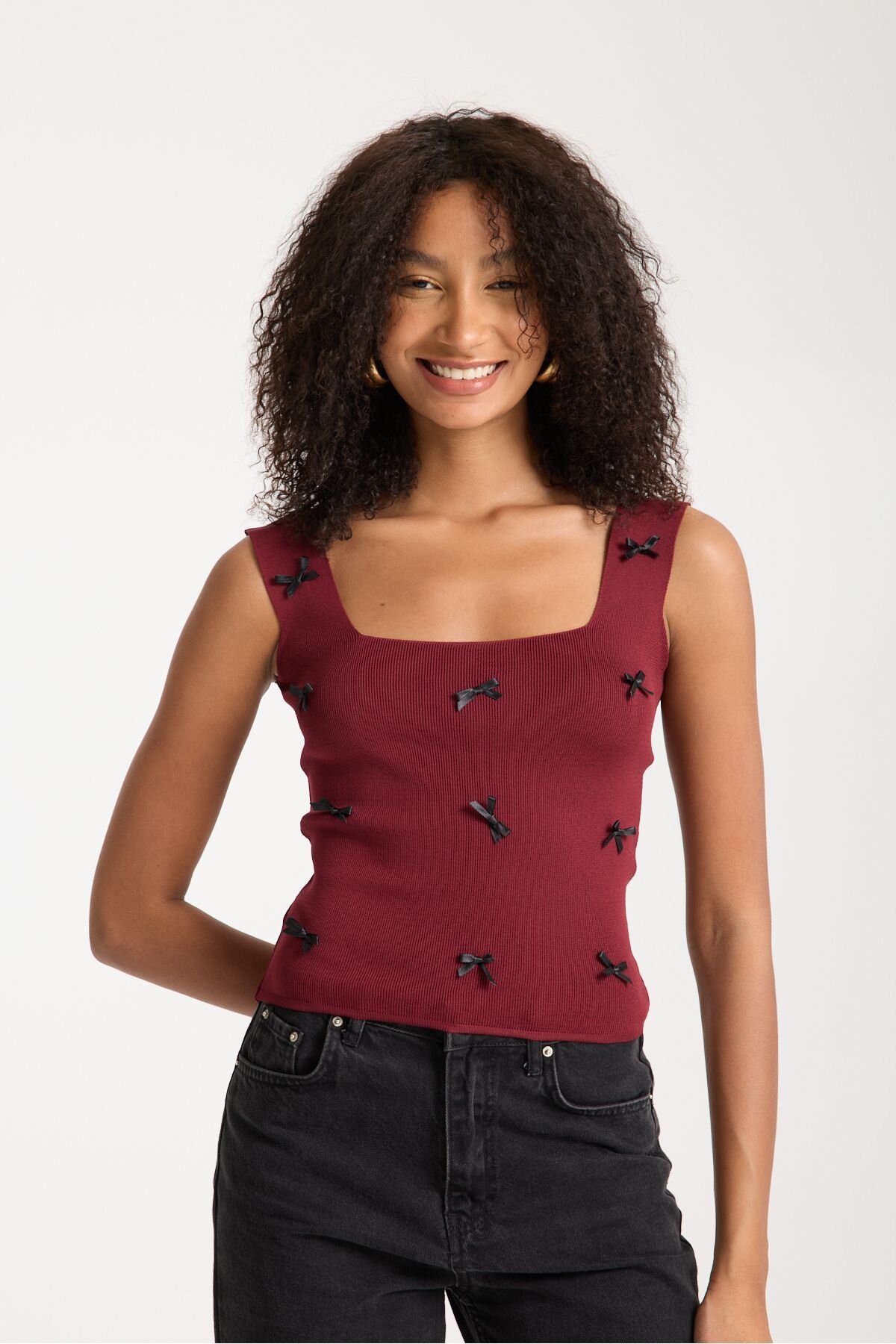Bordeaux Ribbon Detail Square Neck Knit - İLKCET MODA