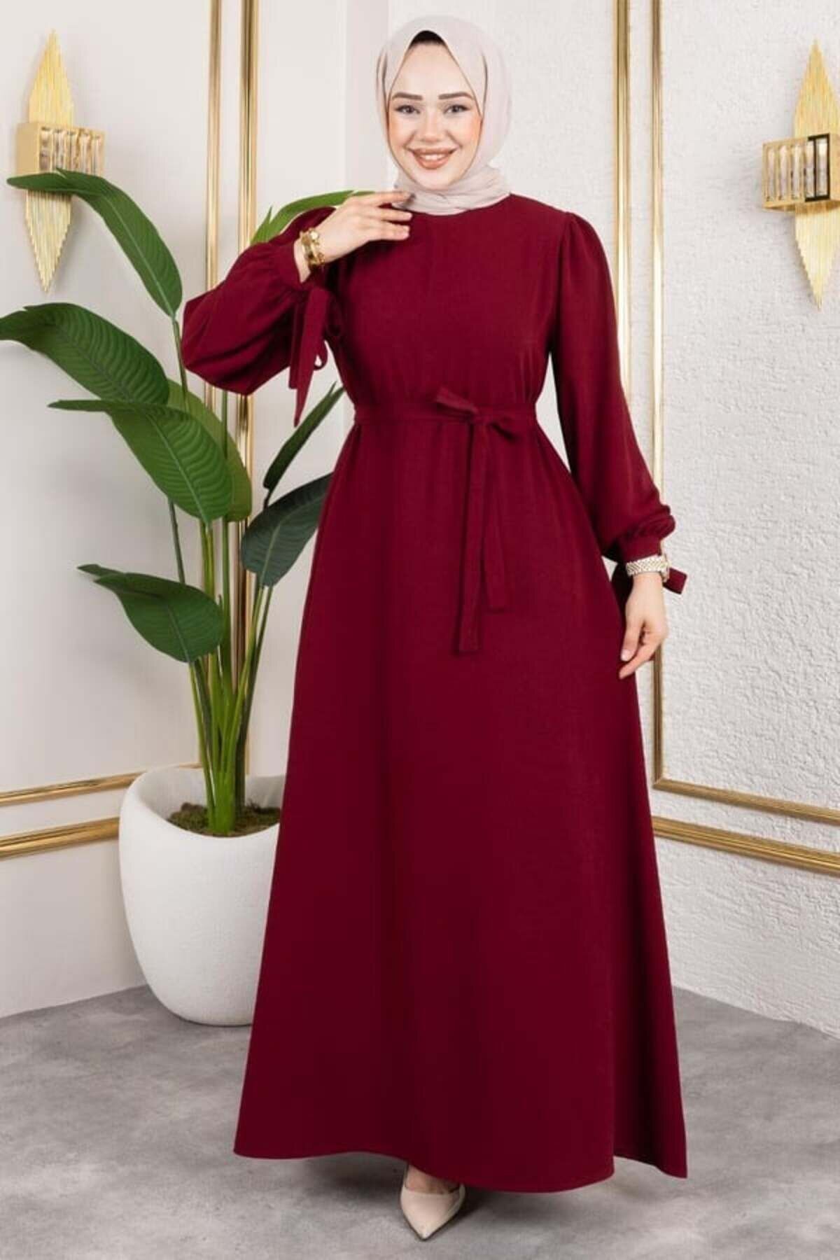 Bordo Manşeti Bağcıklı Tesettür Elbise - Mec Fashion