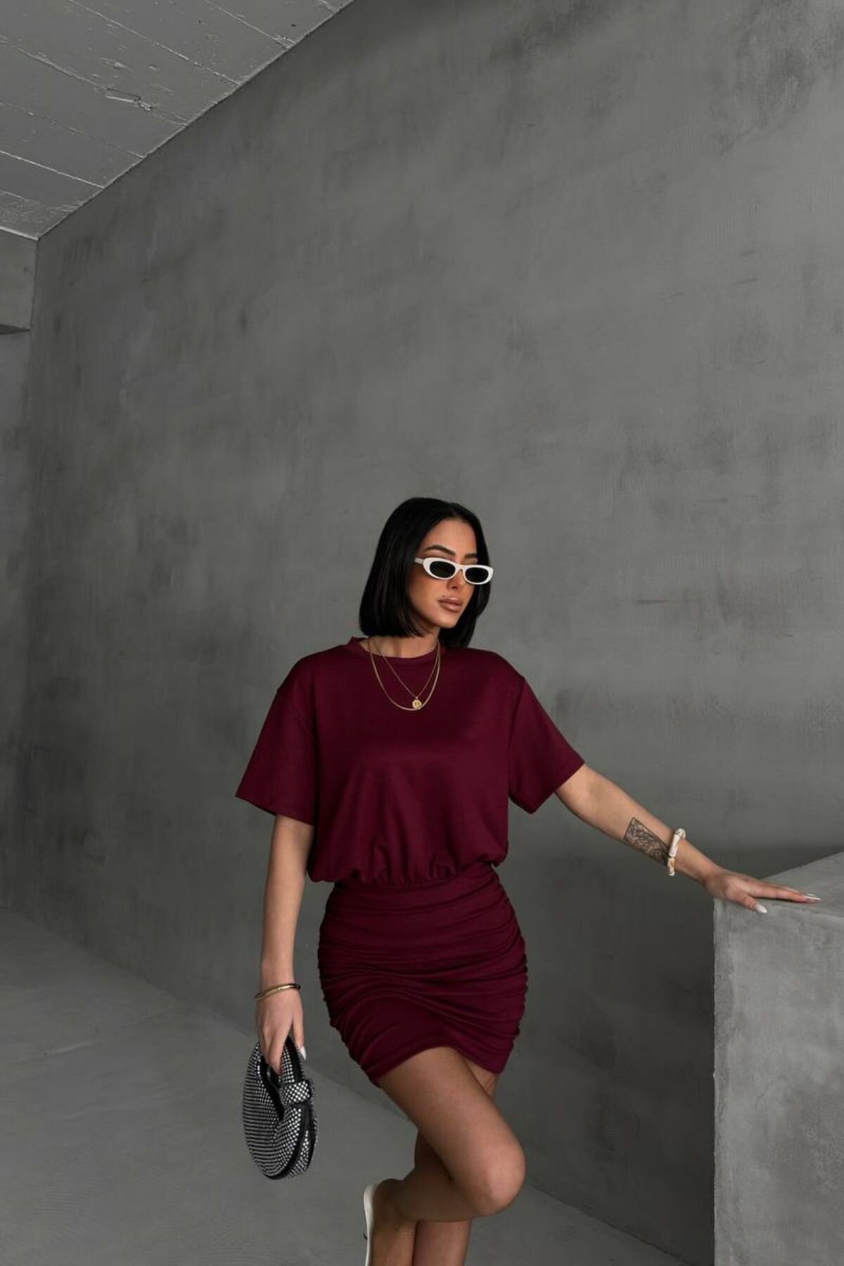 Bordo Mini Büzgülü Modal Kumaş Elbise - MOZENA
