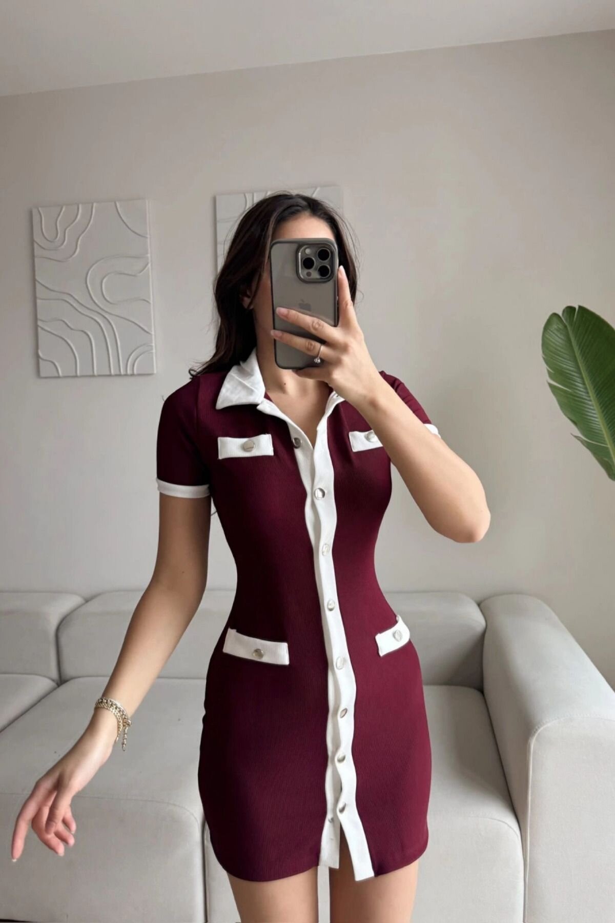 Bordo Mini Garnili Ottoman Kumaş Gömlek Yaka Elbise - MOZENA