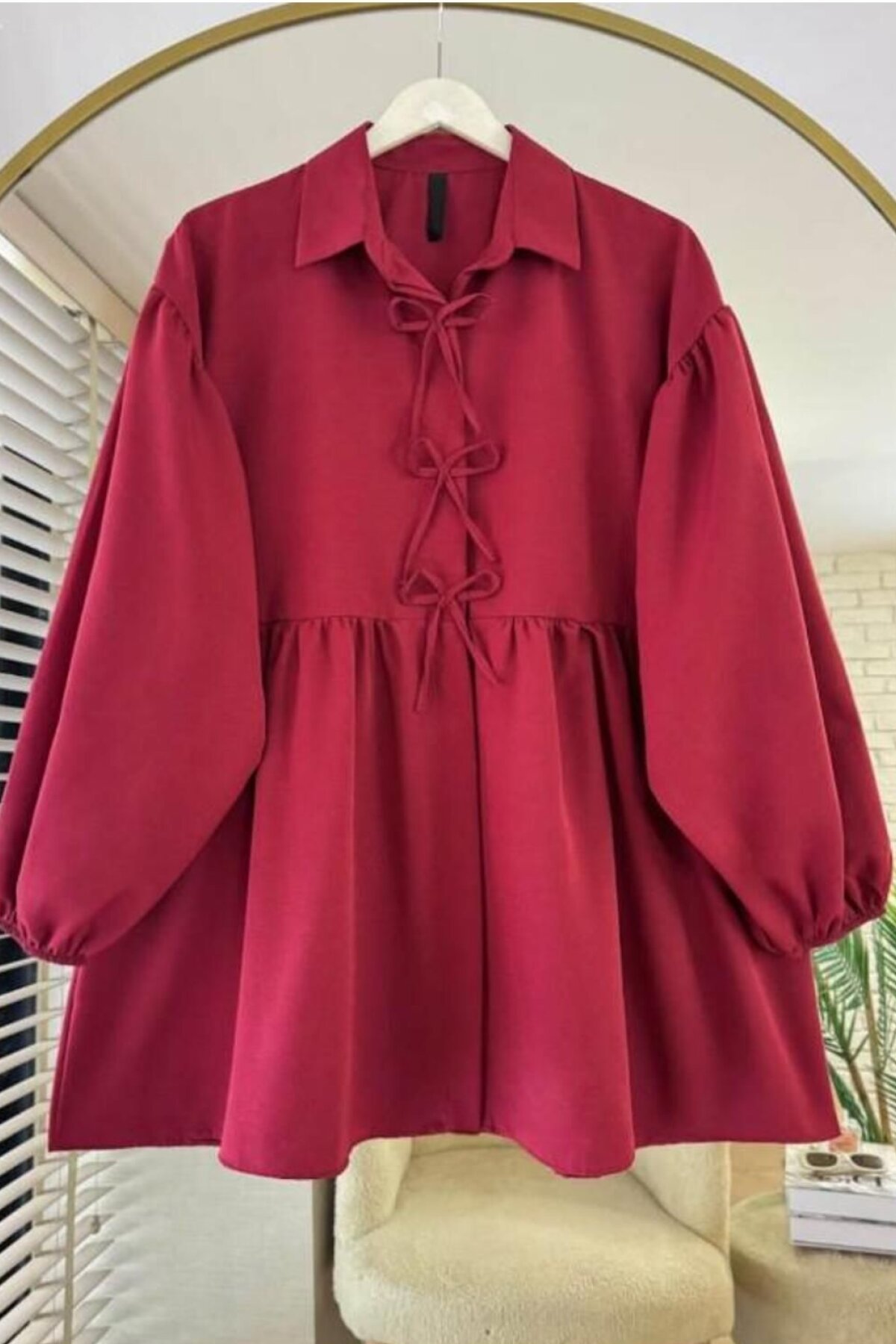 Bordo Poplin Kumaş Fiyonklu Balon Kol Tunik - Nergis Neva Butik