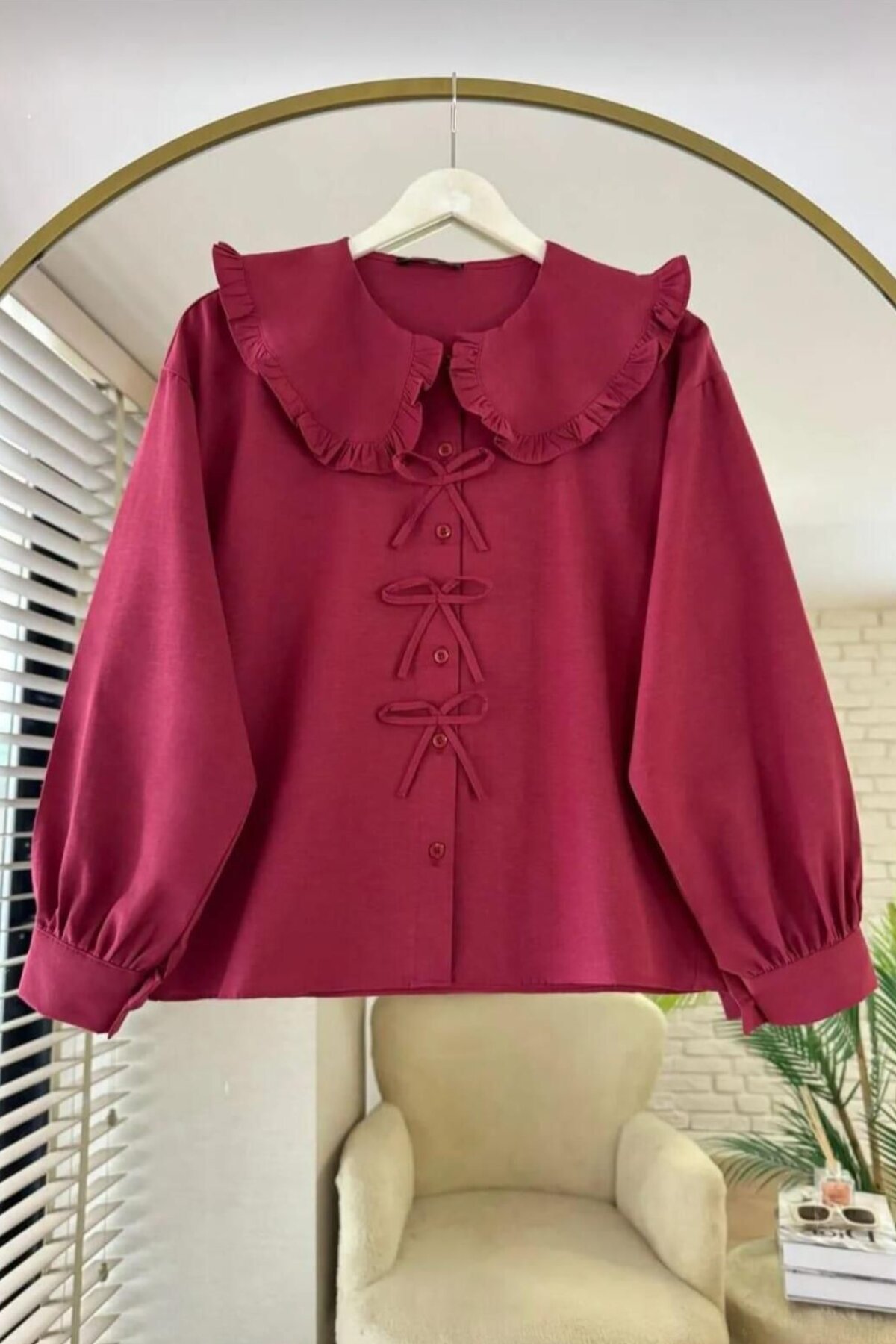 Bordo Poplin Kumaş Yaka Detaylı Fiyonklu Etek Üstü Gömlek - Nergis Neva Butik