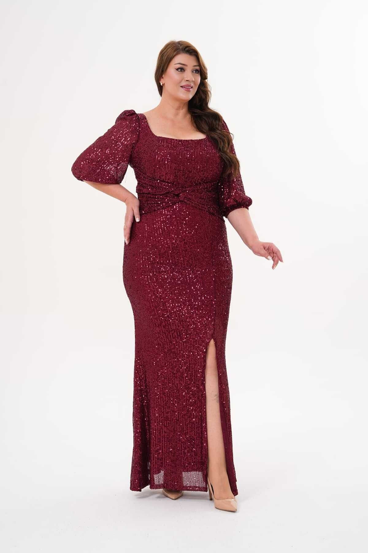 Burgundy Long Shimmering Sequined Balloon Sleeve Slit Square Neck Evening Dress - BK BOUTİQUE