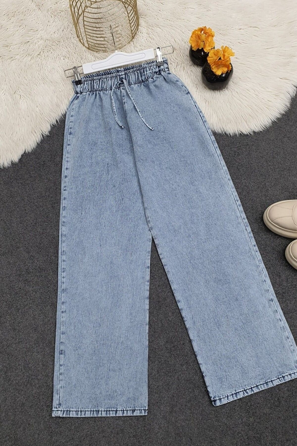 Ice Blue Wide Leg Elastic Waist Drawstring Detail Denim Pants - Genel Markalar