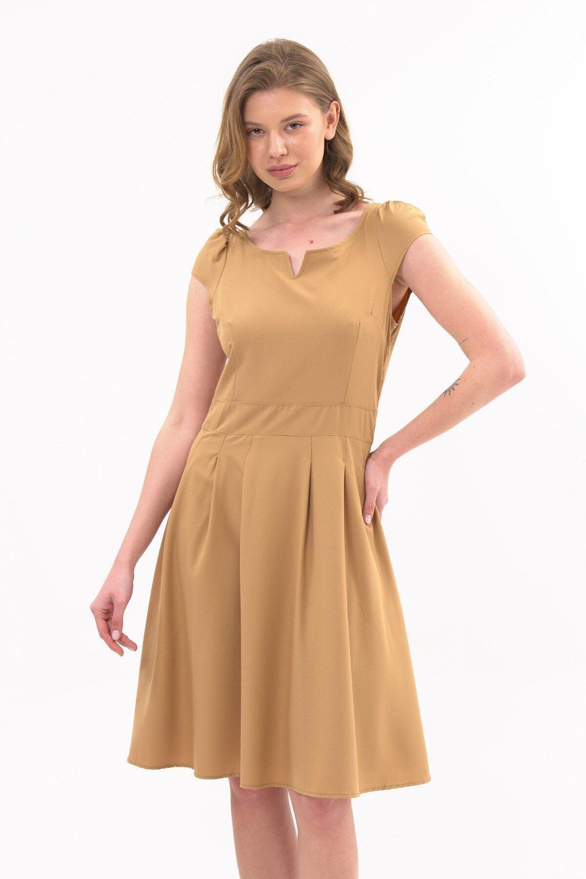 Camel Midi Yazlık Pile Detaylı Elbise - APSEN