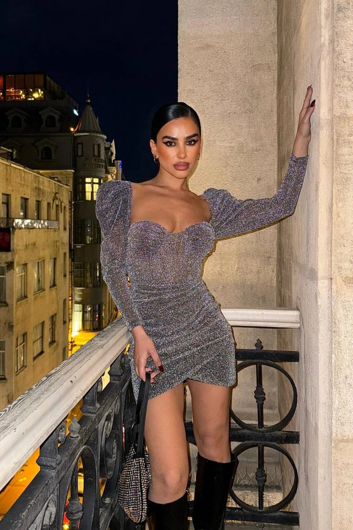 Gümüş Mini Balon Kol Korse Detay Abiye Elbise - Luvita Co