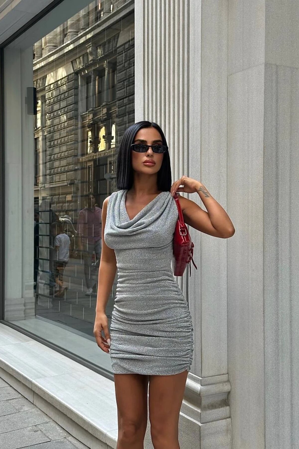 Gümüş Mini Bonita Shimmer Drape Elbise - Luvita Co
