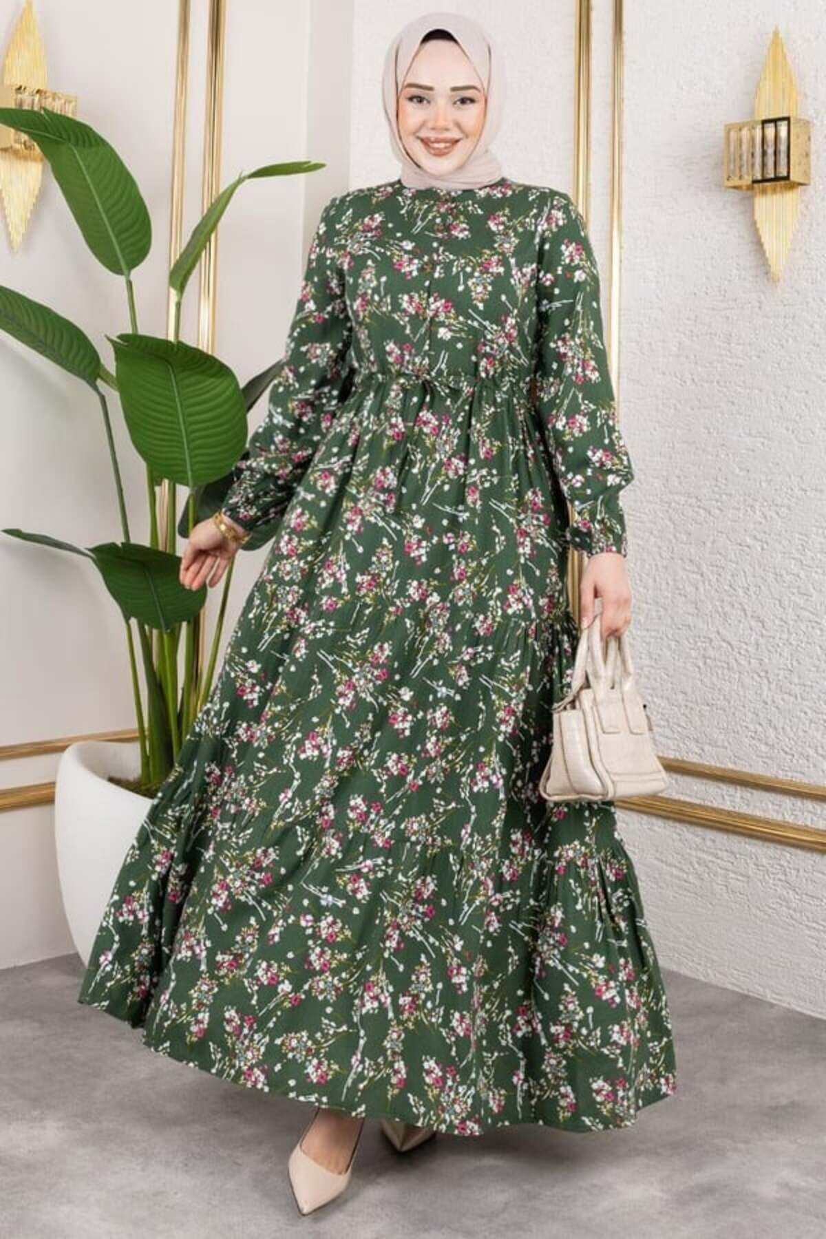 Haki Asel Çiçekli Viskon Tesettür Elbise - Mec Fashion