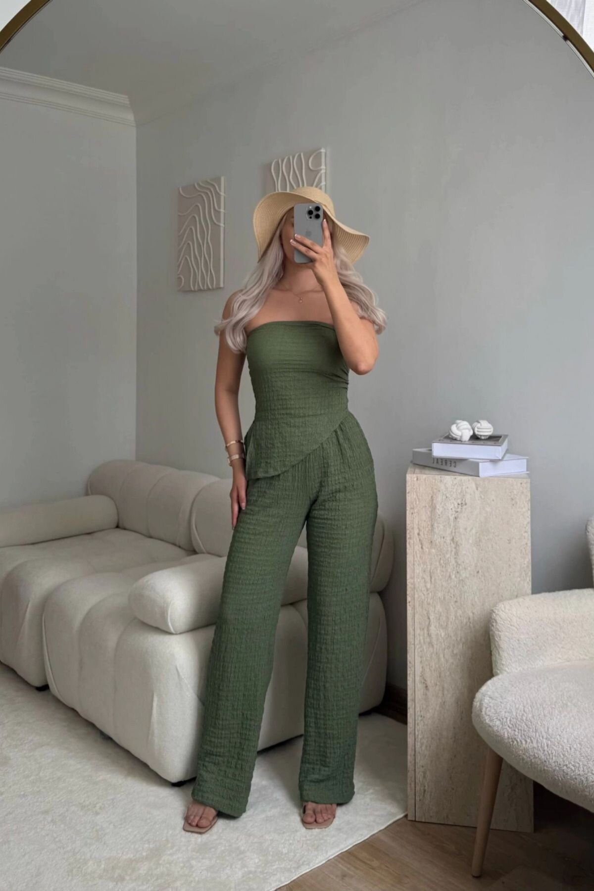 Khaki Slit Detailed Strapless Asymmetric Crop and Pants Two-Piece Set - MOZENA
