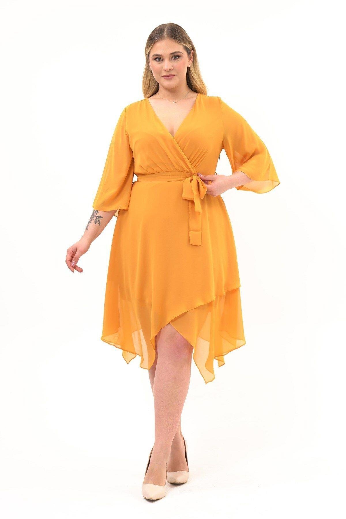 Mustard Midi Double-Breasted Neck Long Sleeve Detailed Chiffon Dress - APSEN