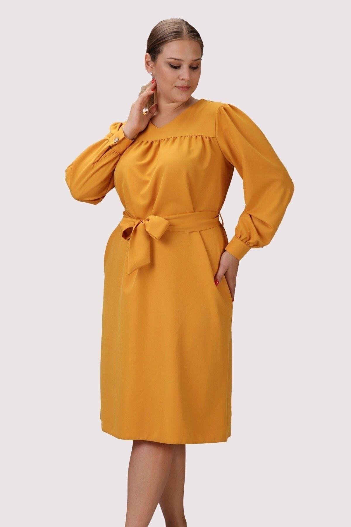 Mustard Midi V-Neck Detailed Ruched Cuff Long Sleeve Seasonal Plus Size Dress - APSEN