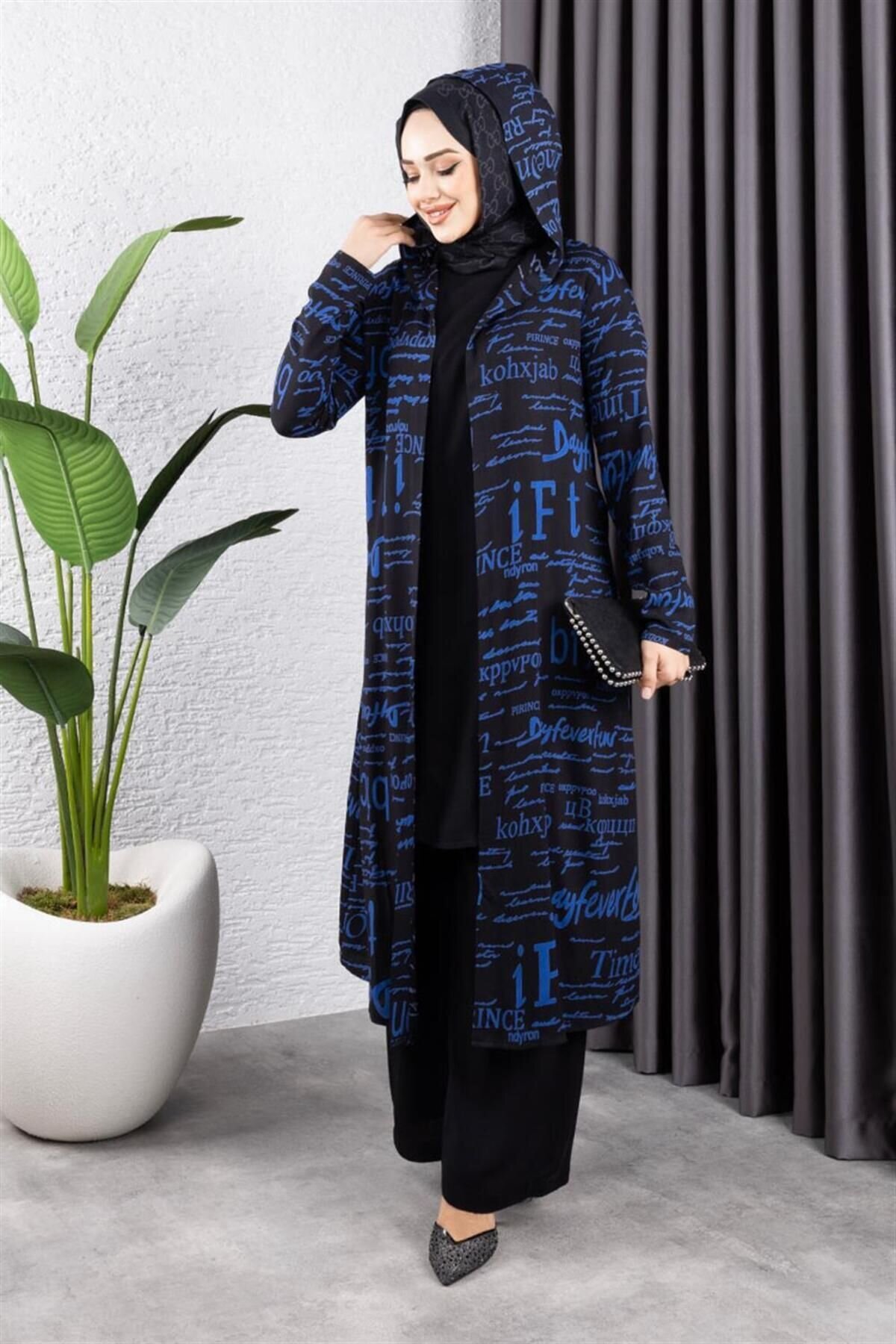 İndigo Yazılı Üçlü Tesettür Takım - Mec Fashion