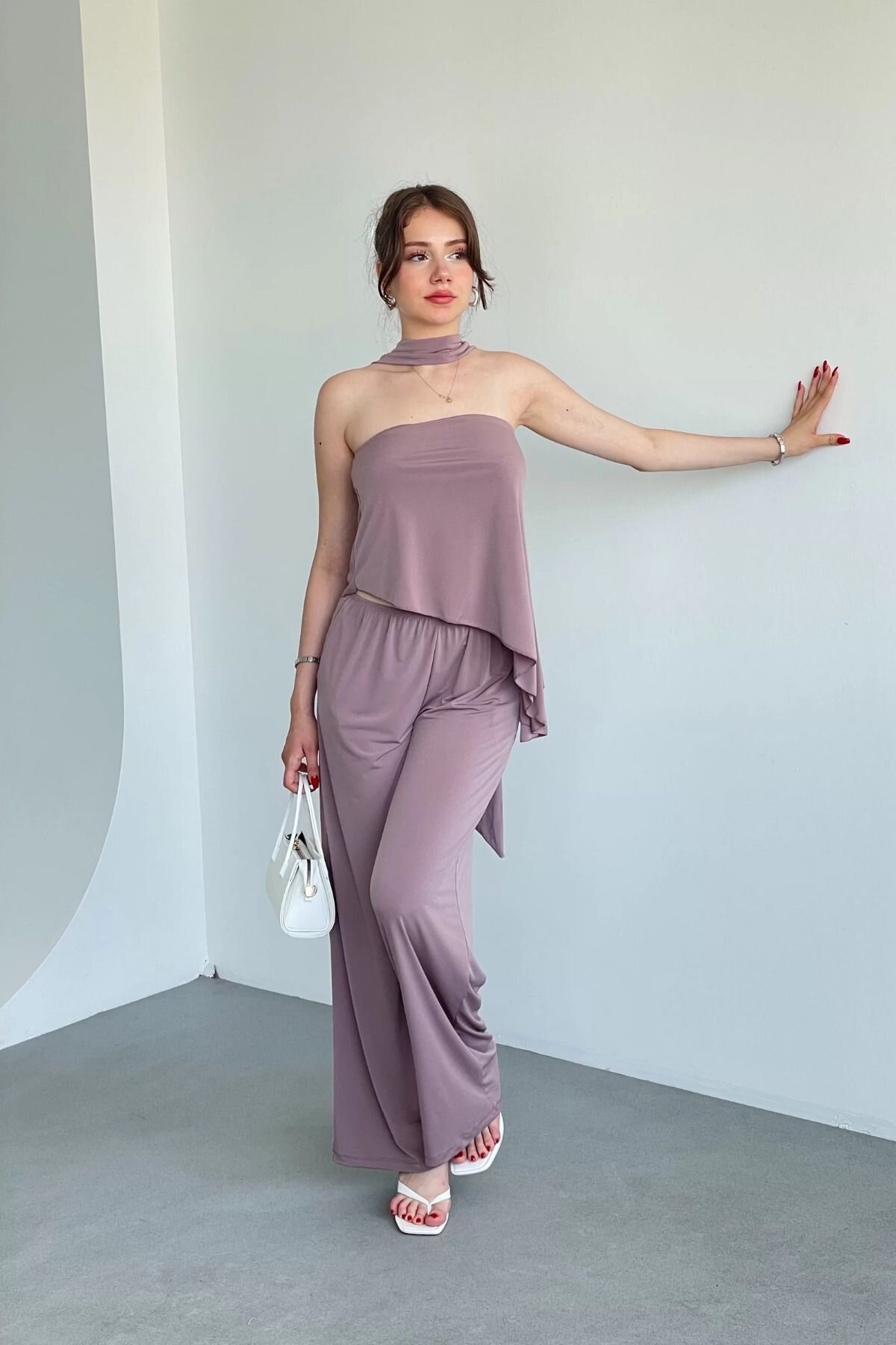 Coffee Foulard Asymmetric Blouse and Pants Two-Piece Set - MOZENA