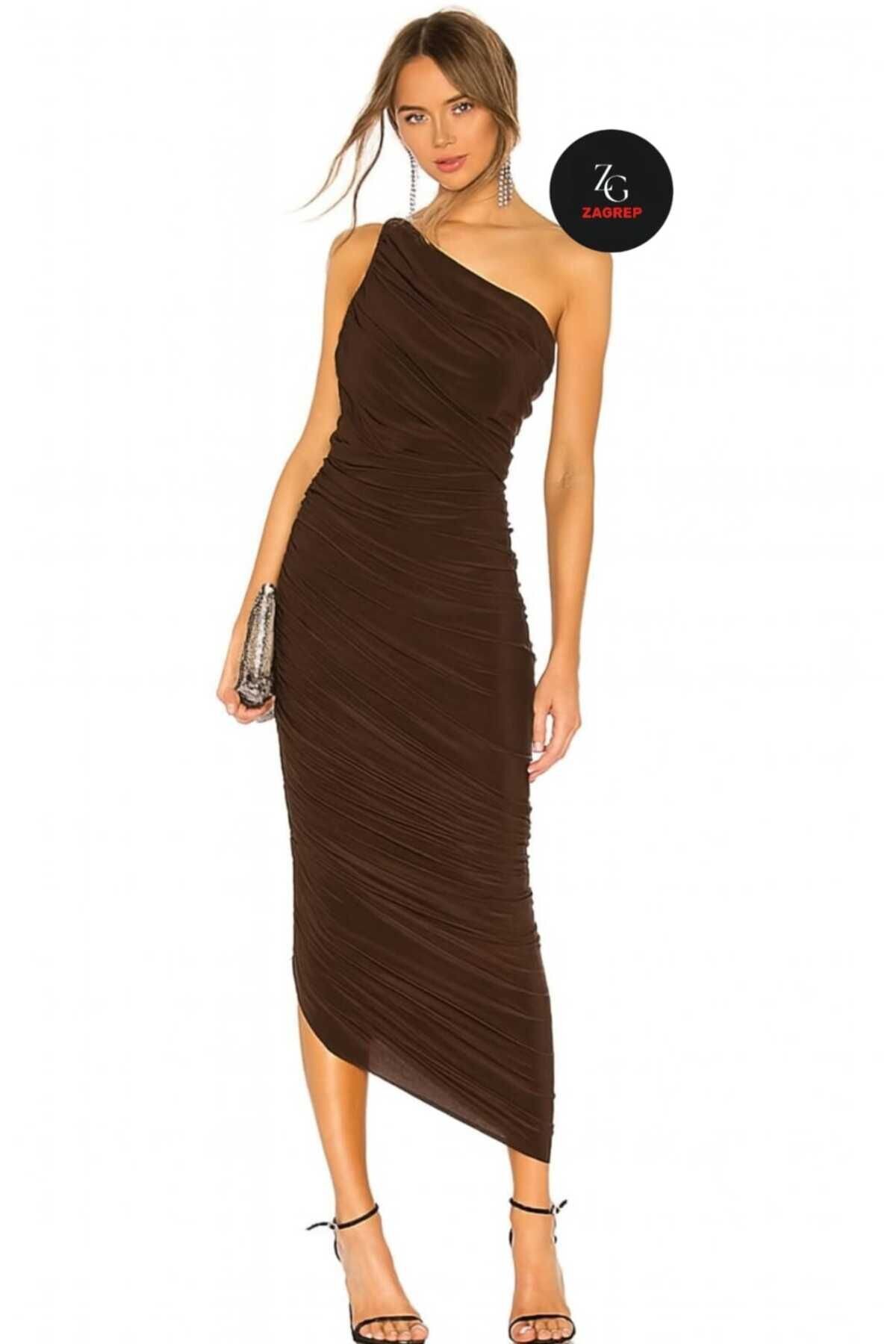 Coffee Brown Long One-Shoulder Draped Ruched Asymmetric Neck Lined Evening Dress - Zagrep