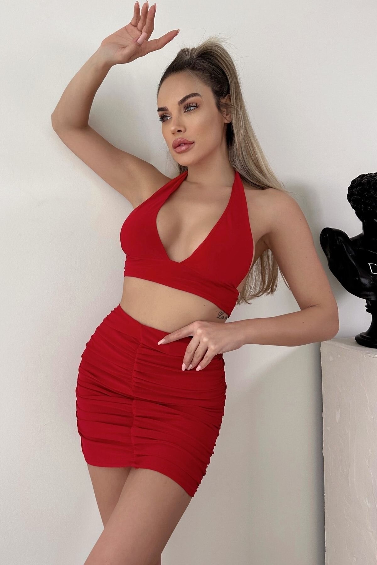 Kırmızı Boyundan Bağlamalı Büstiyer Ve Büzgülü Etek İkili Takım - Baby Xclub