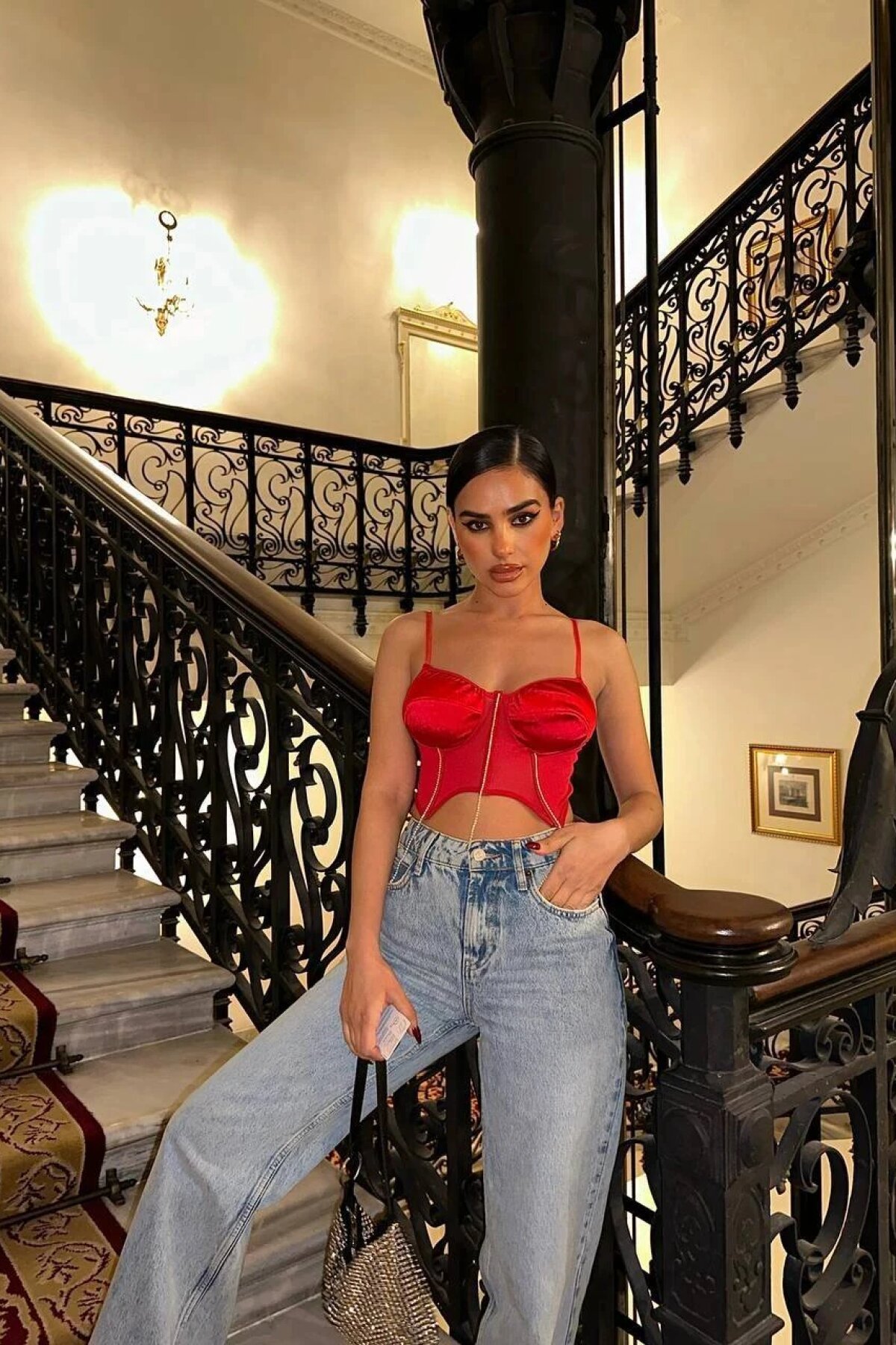 Kırmızı Diamond Chain Saten Korse Crop - Luvita Co
