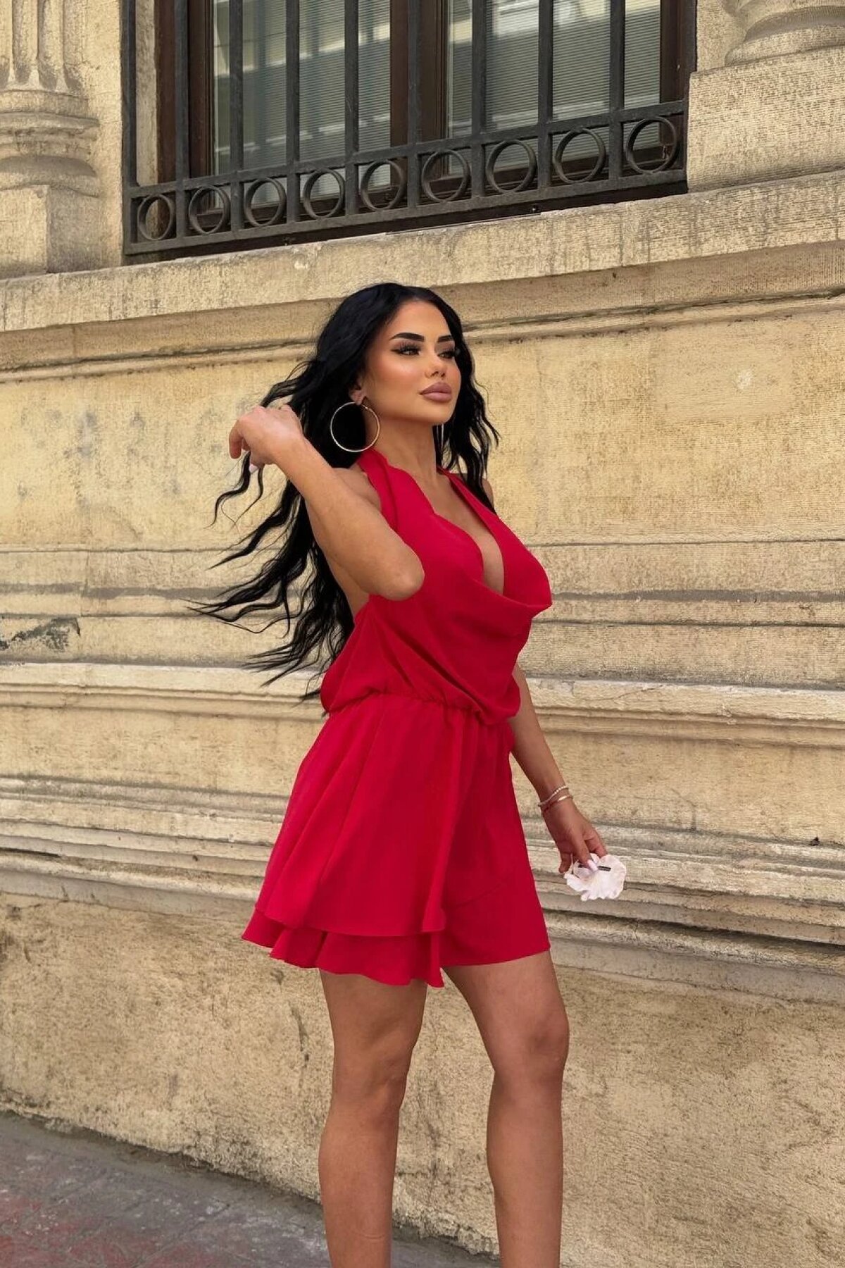 Kırmızı Mini Sırt Dekolteli Dopa Detay Degaje Yaka Elbise - Luvita Co