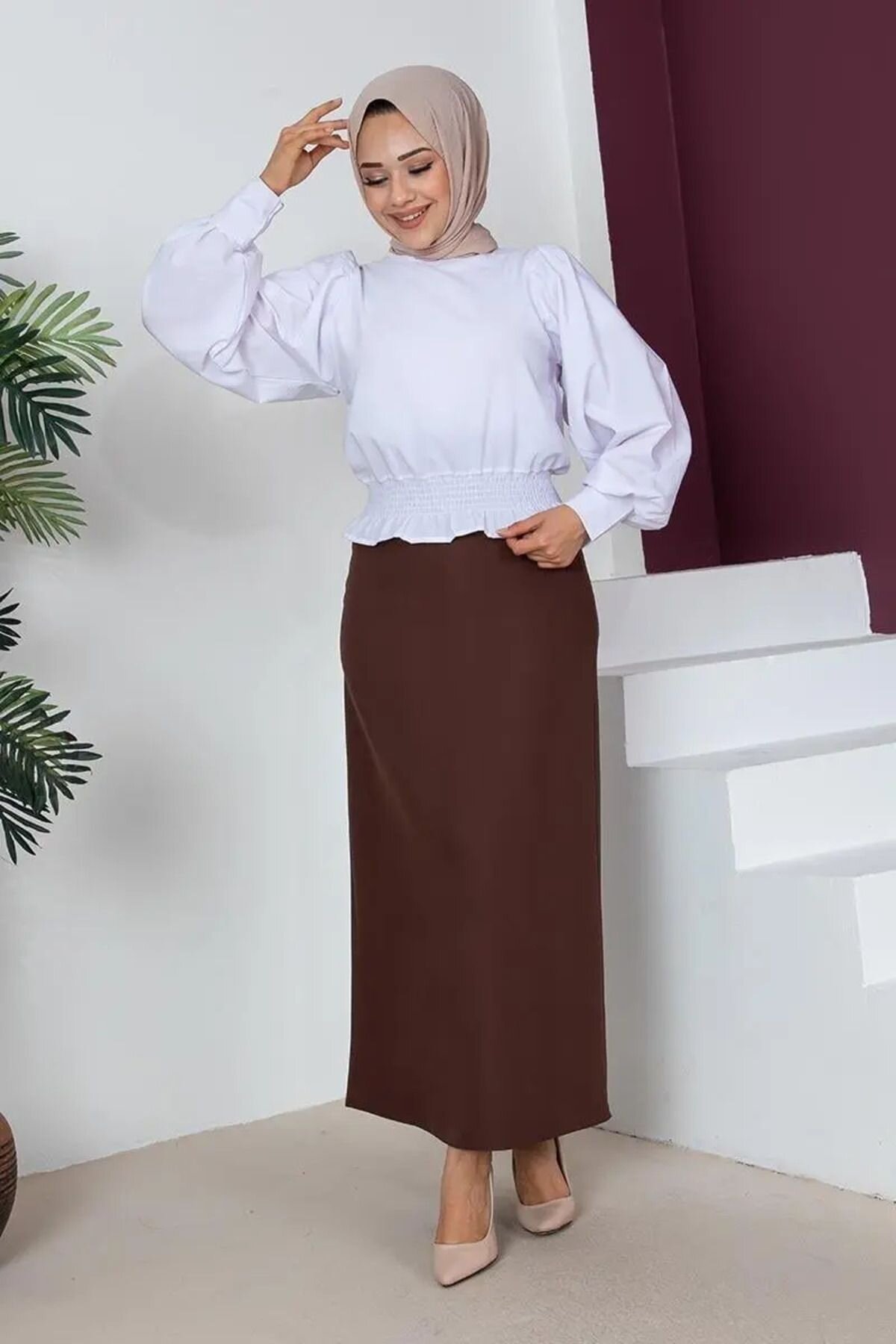 Koyu Kahverengi Uzun Kalem Etek - Mec Fashion