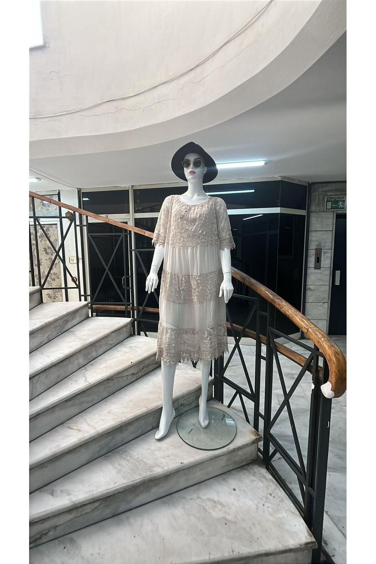 Krem Midi İtalyan Sunshıne İpek Detaylı Dantelli Elbise - EREN STYLE