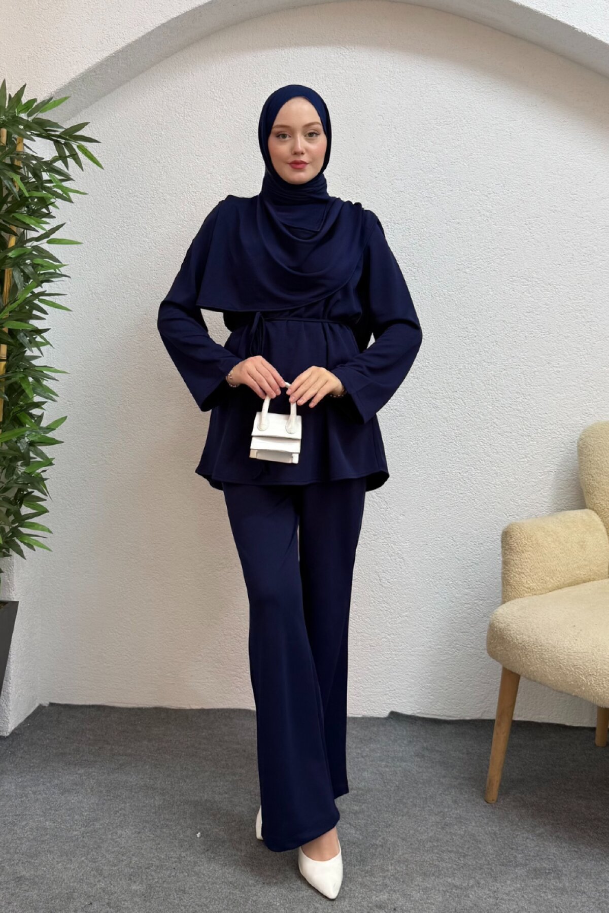 Navy Blue Dilara Scuba Two-Piece Modest Set - Ensa Tesettür