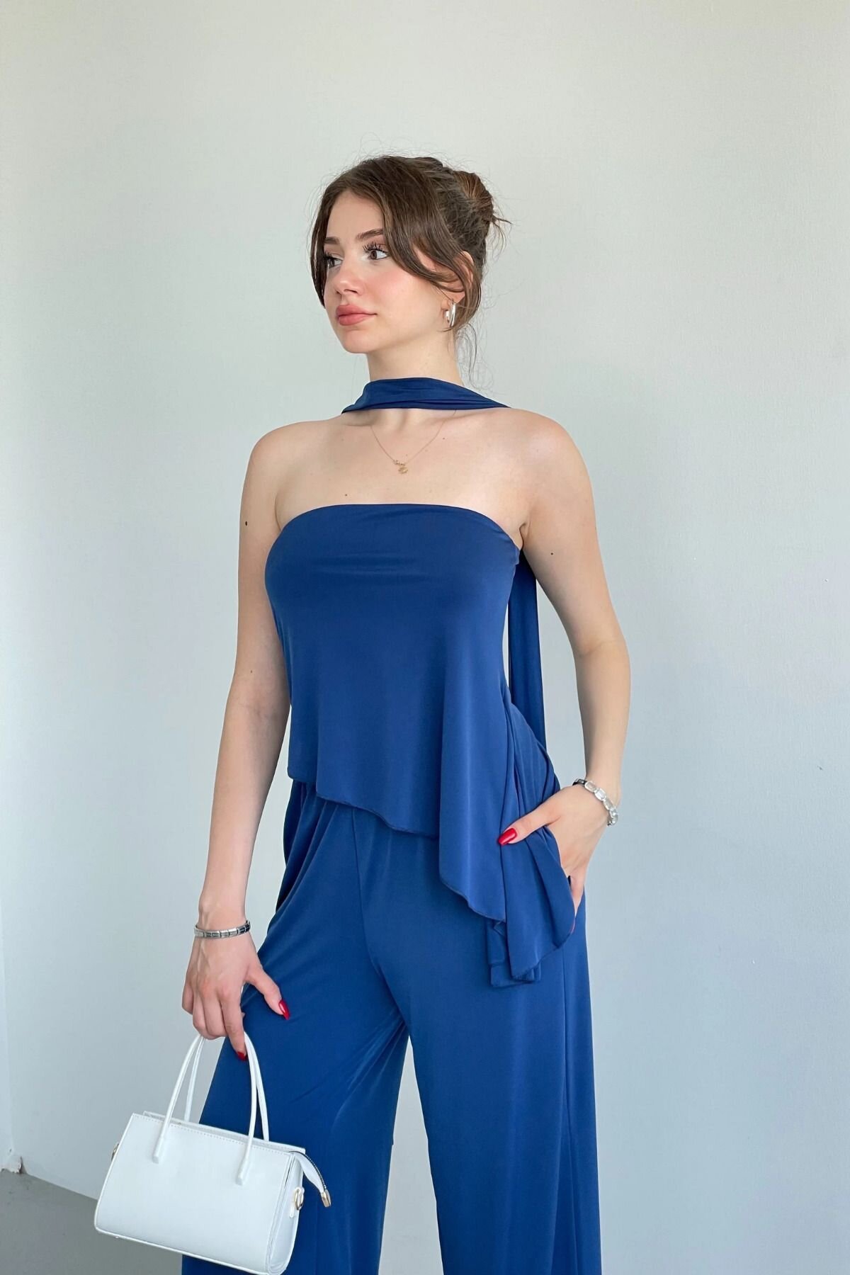 Navy Blue Asymmetric Blouse and Pants Two-Piece Set with Scarf Detail - MOZENA