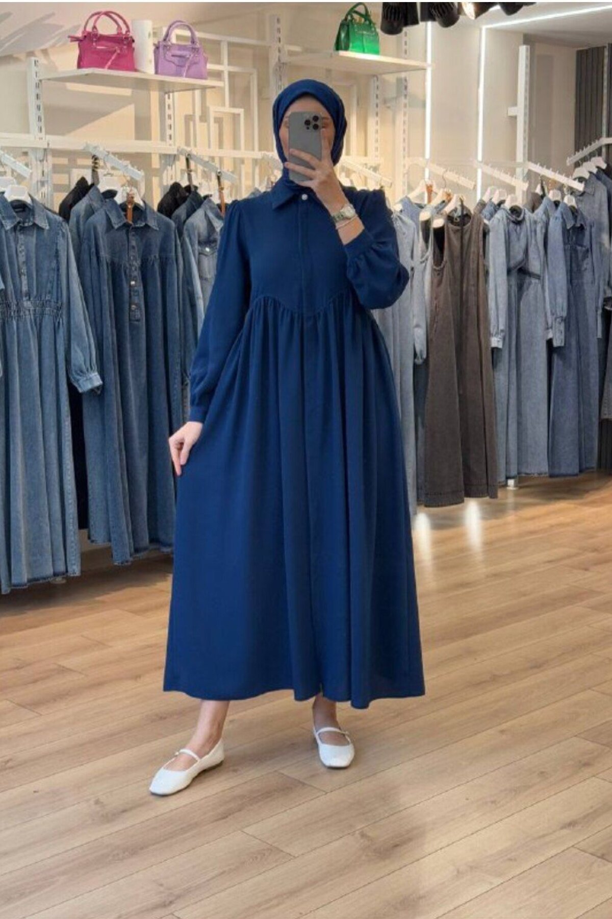 Navy Blue Wave Pleated Under-Bust Thin Crepe Ferace - OlaLady