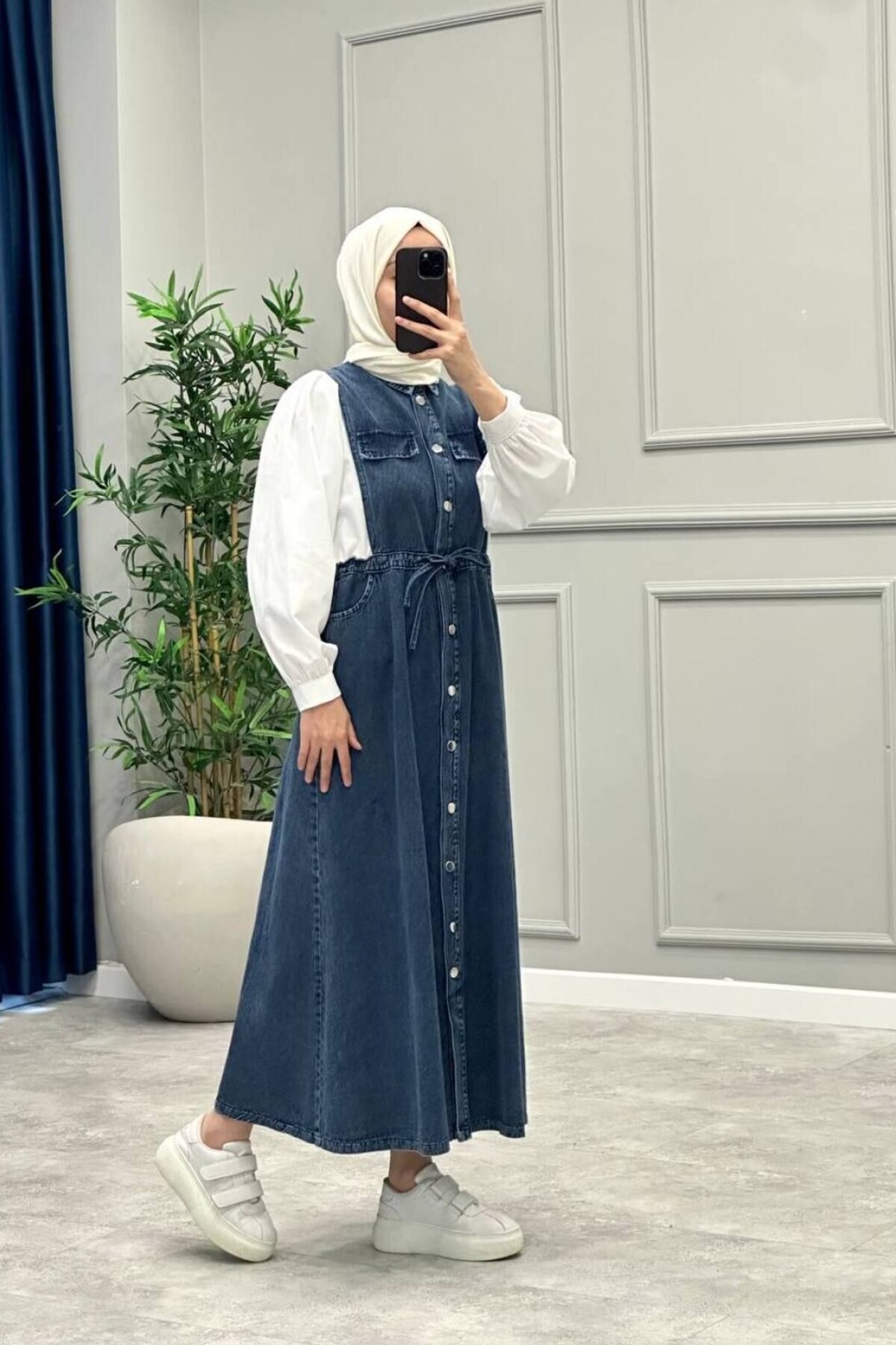 Lacivert Kolları Balon Gömlek Beli Büzgülü Denim Kot Tesettür Elbise - OlaLady