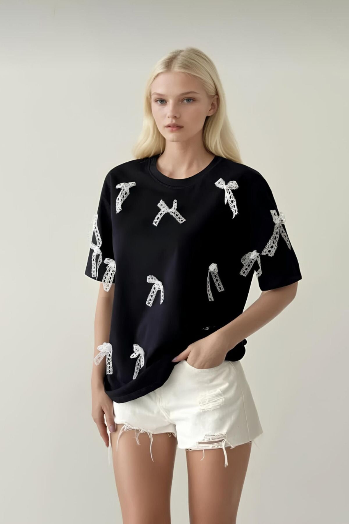 Lacivert Kurdela Detay Oversize Tshirt - İLKCET MODA