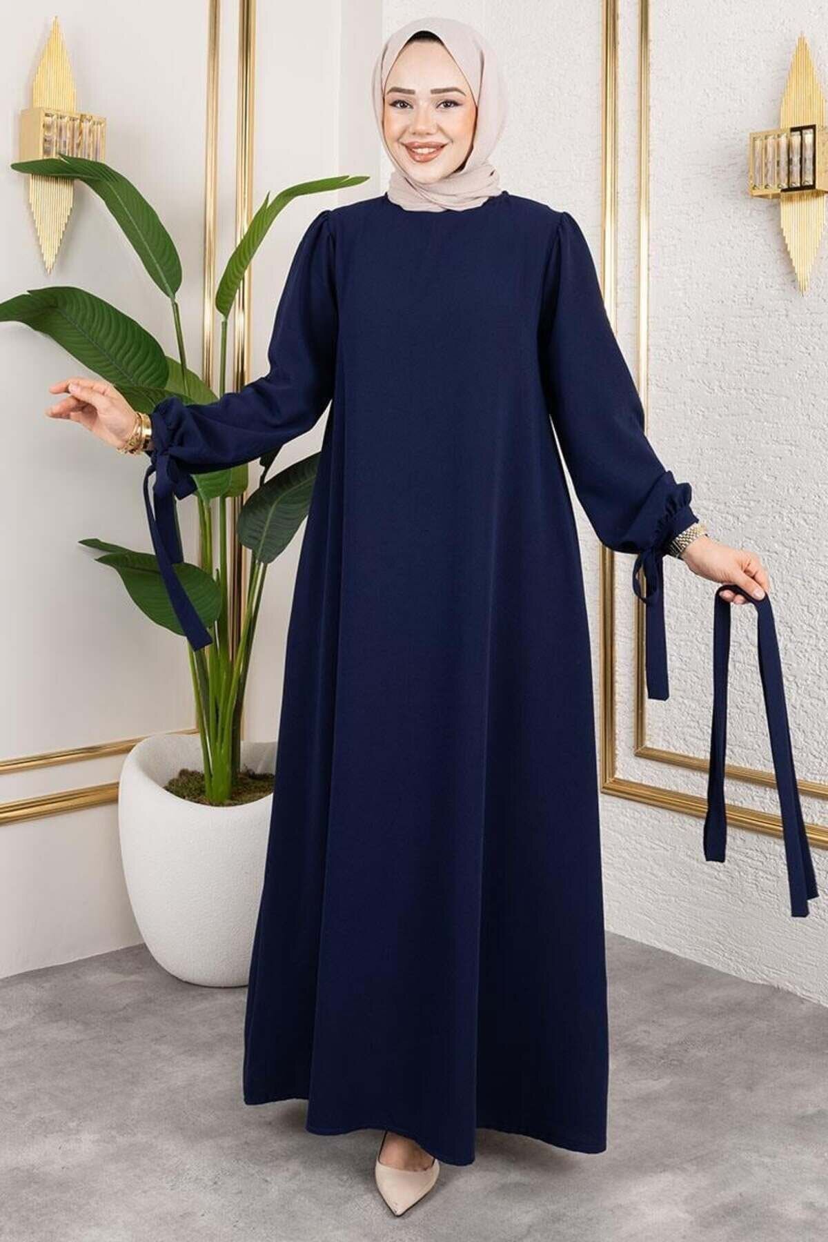 Lacivert Manşeti Bağcıklı Tesettür Elbise - Mec Fashion