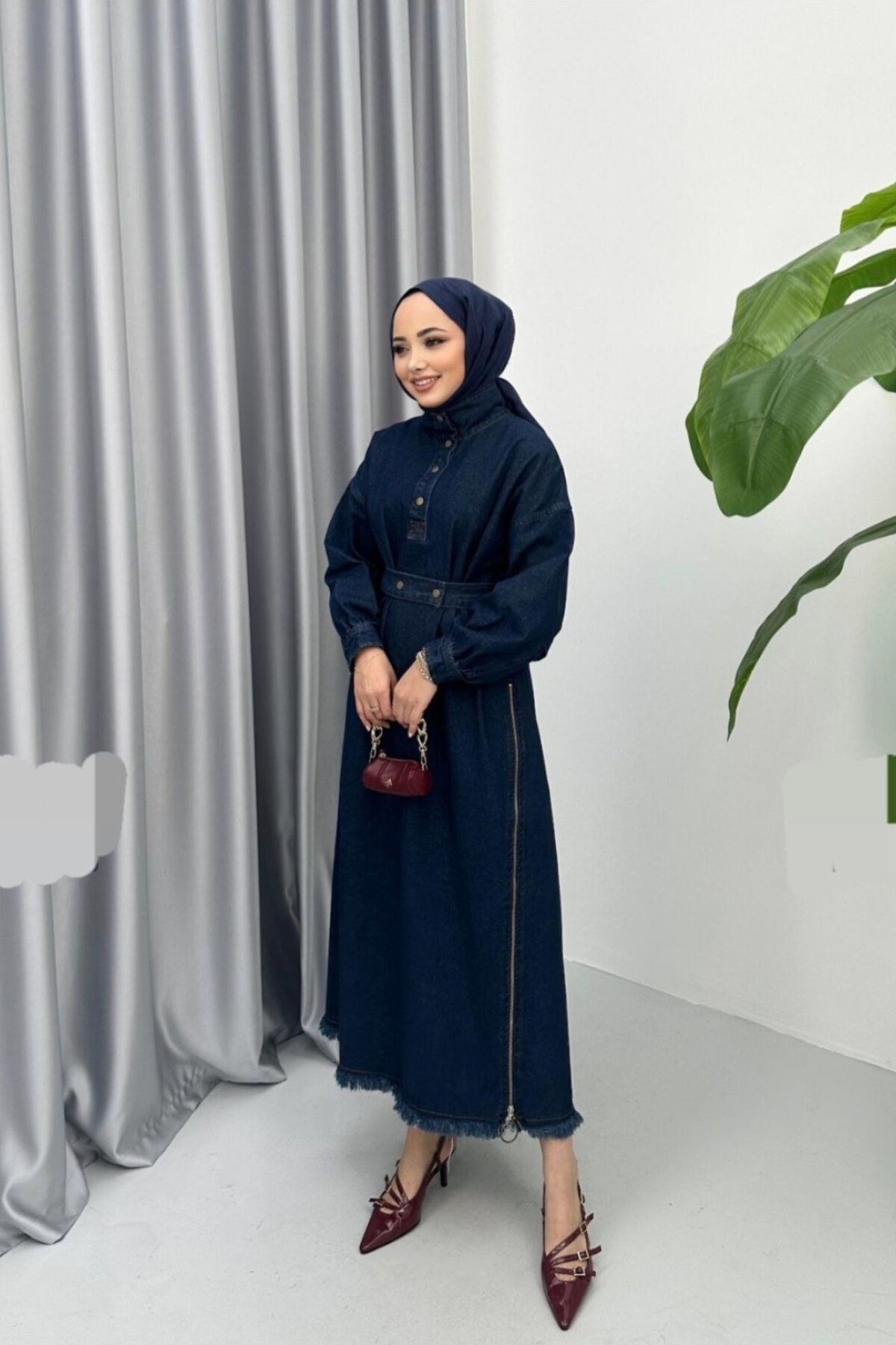Navy Blue Zipper Detailed Long Denim Modest Dress with Fringed Skirt - OlaLady