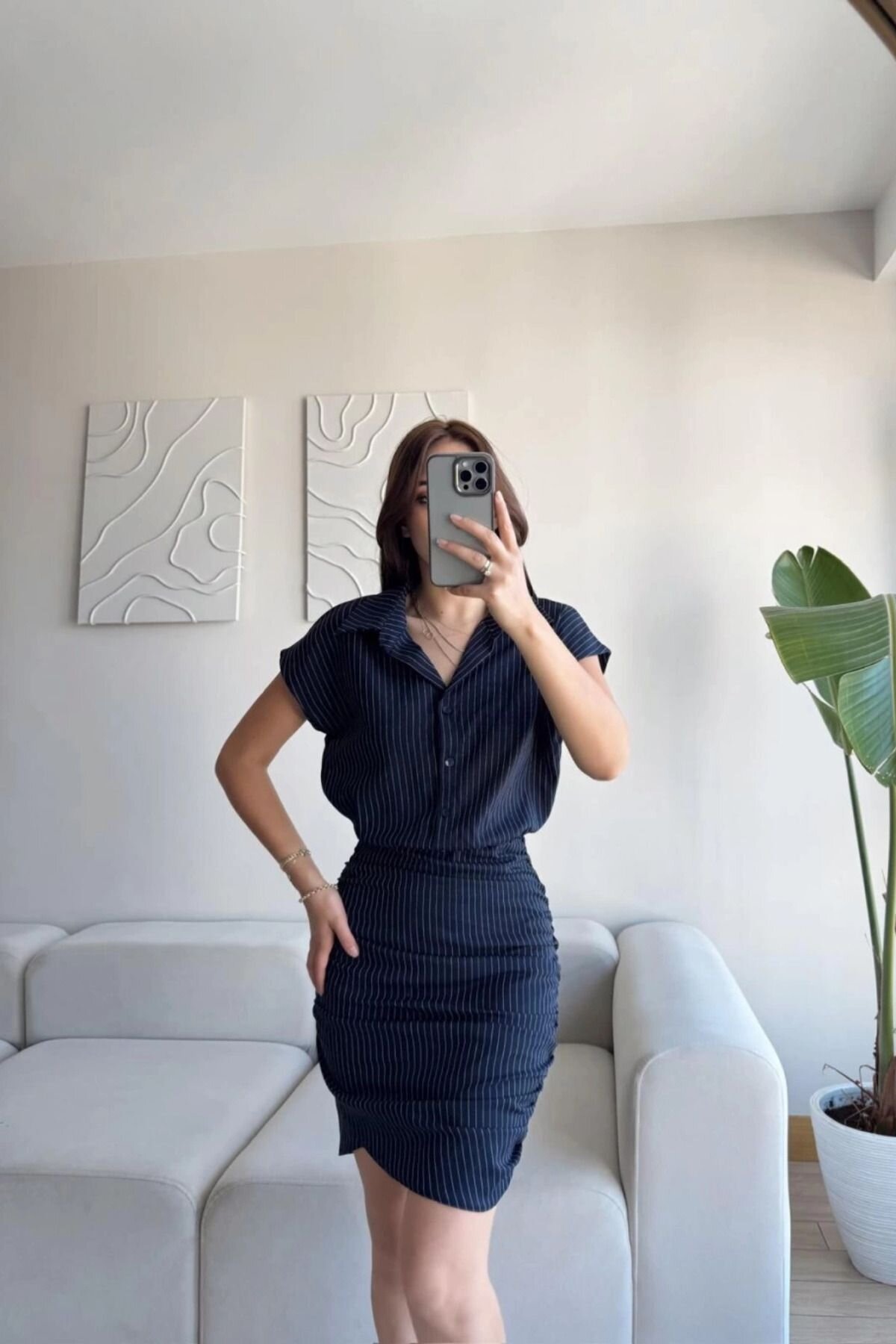 Navy Blue Mini Double Fabric Striped Shirt Dress - MOZENA