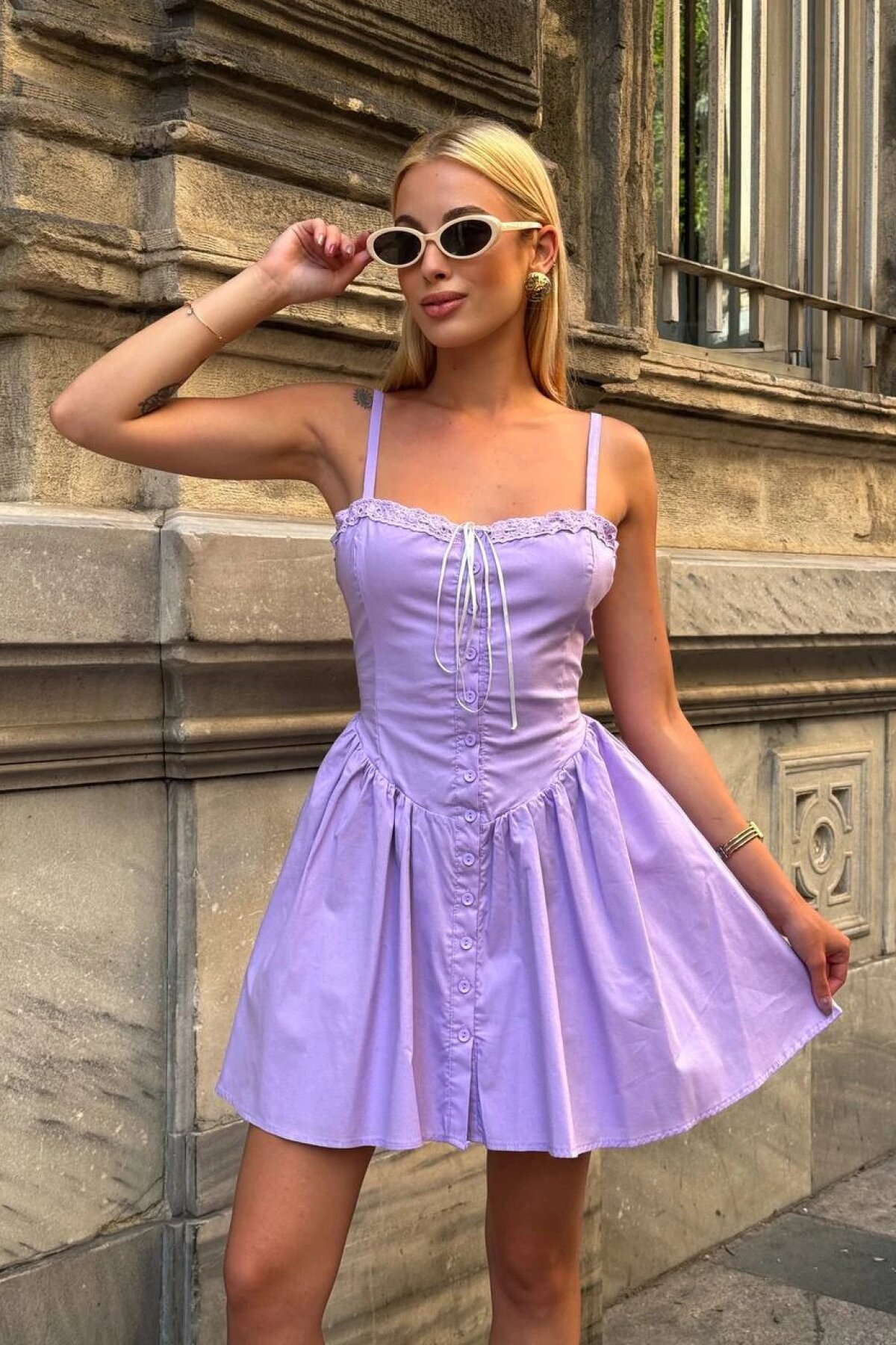 Lila Mini Askılı Vanessa Dantel İşleme Elbise - Luvita Co