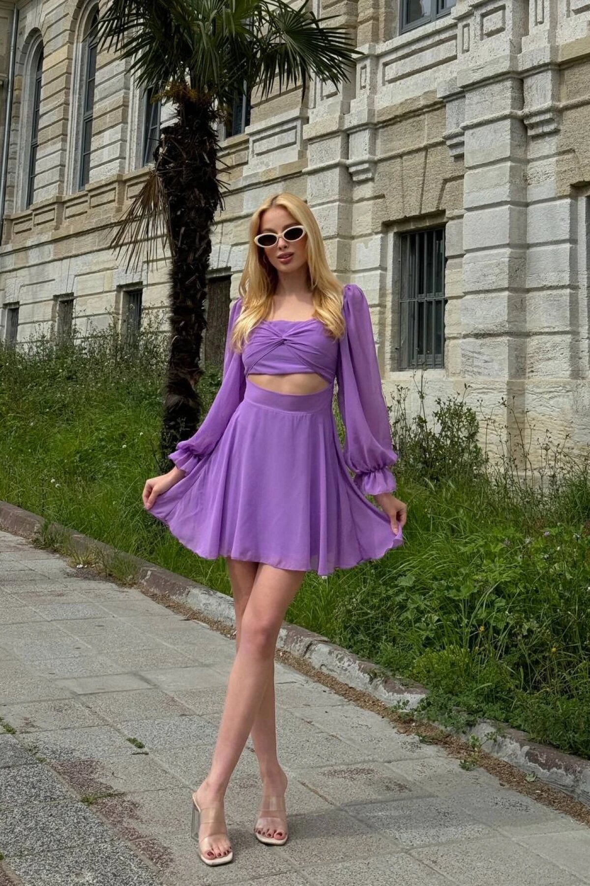 Lila Mini Ribbon Tasarım Şifon Elbise - Luvita Co