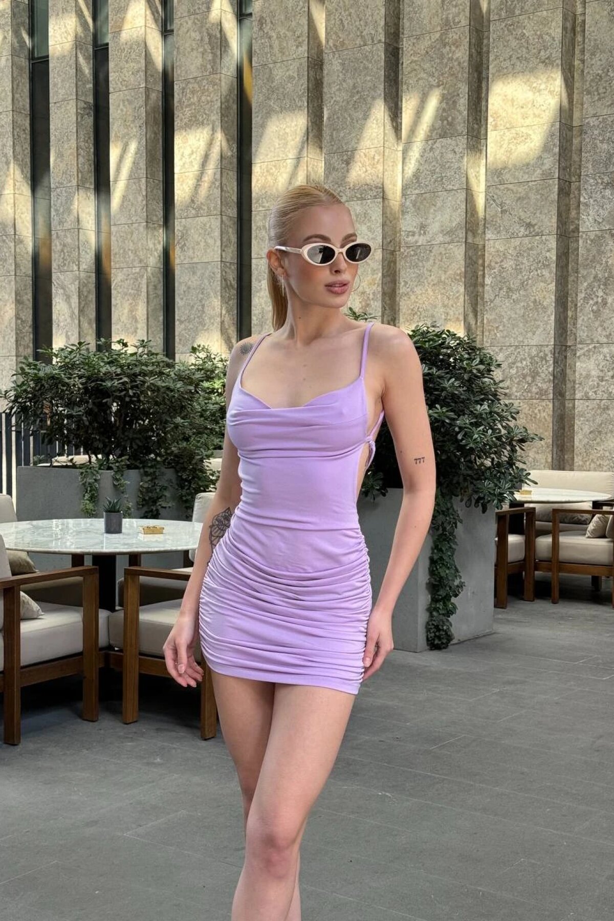 Lila Mini Sırt Dekolteli Askılı Degaje Yaka Elbise - Luvita Co