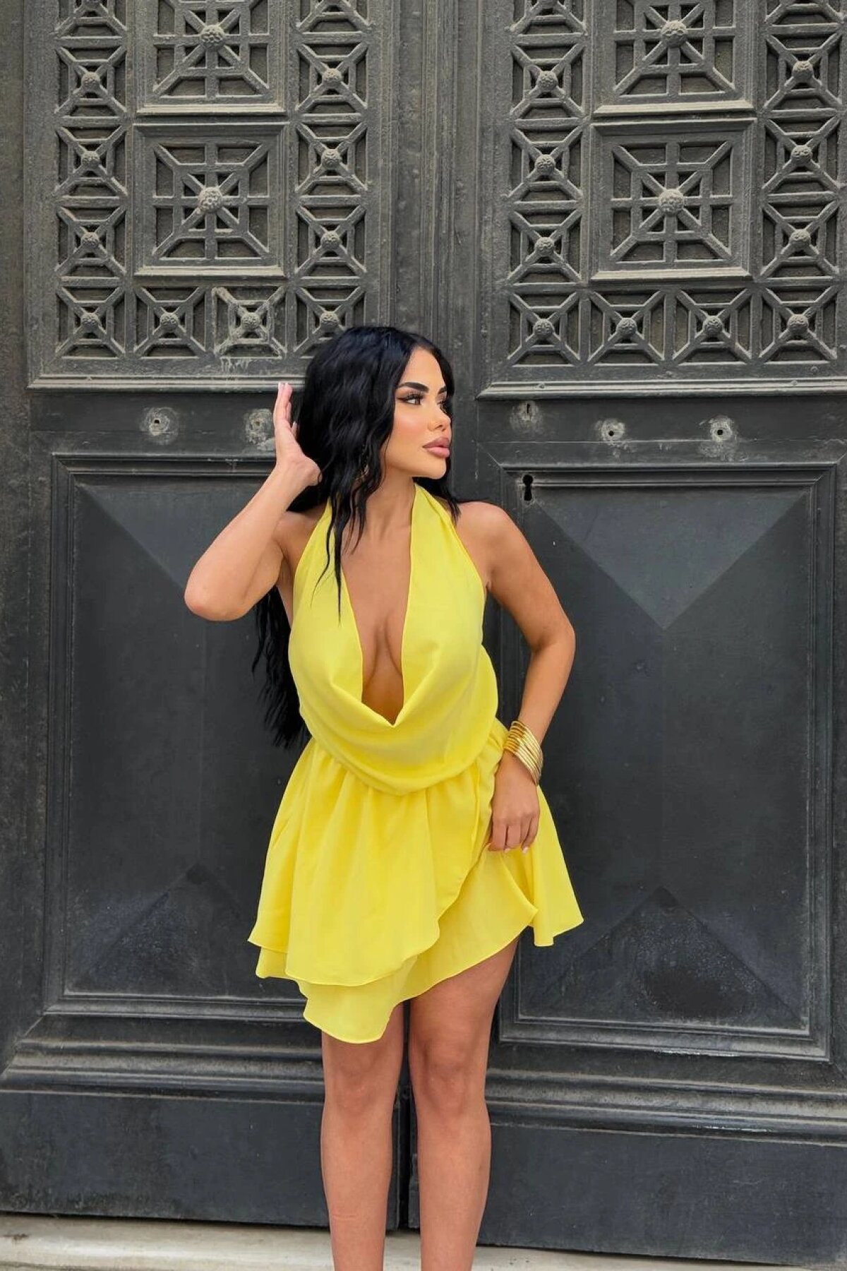 Limon Mini Sırt Dekolteli Dopa Detay Degaje Yaka Tasarım Elbise - Luvita Co