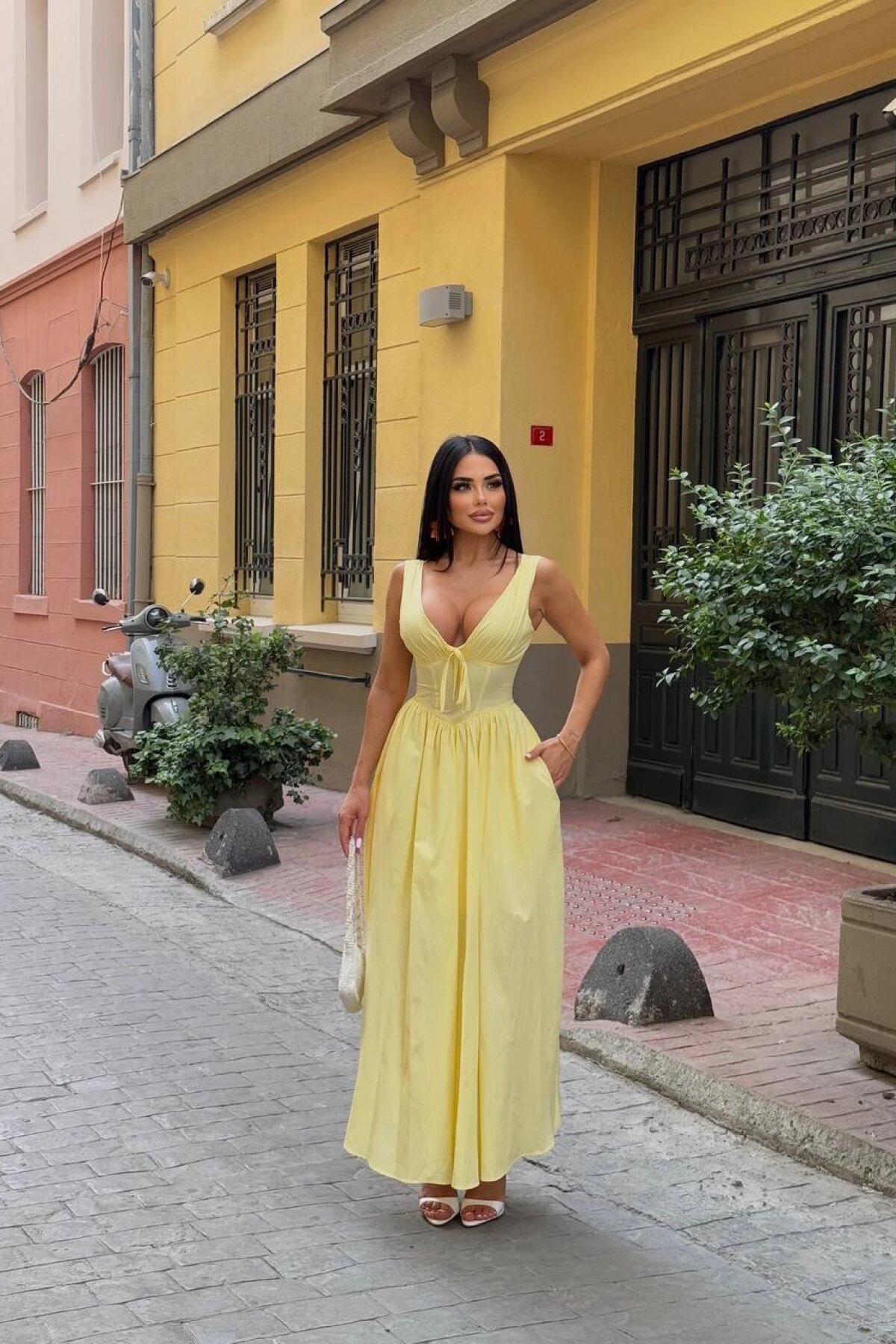 Limon Uzun Simon Korse Detay Poplin Elbise - Luvita Co
