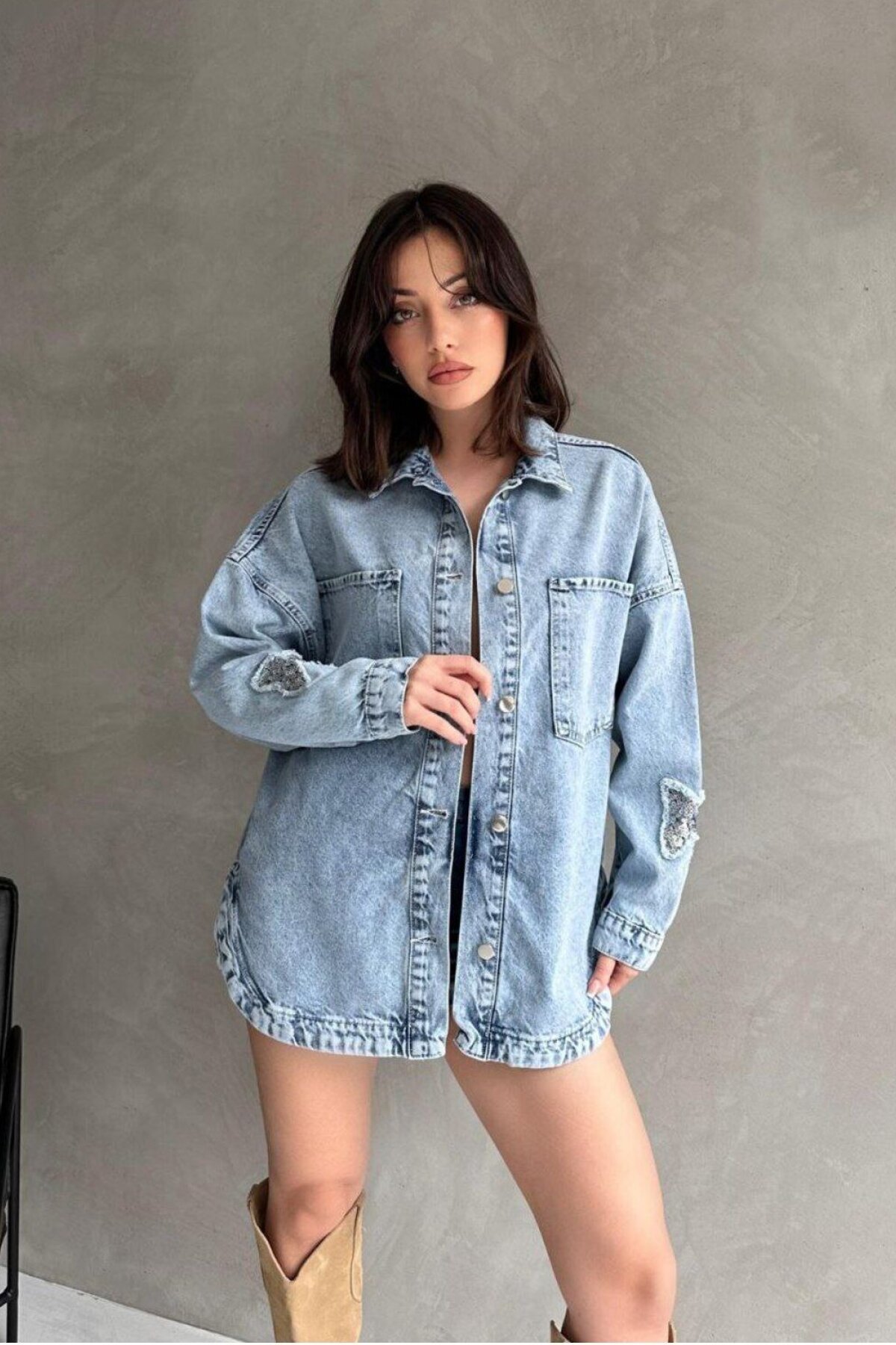 Blue Double Butterfly Pattern Stone Embellished Denim Jacket - OlaLady