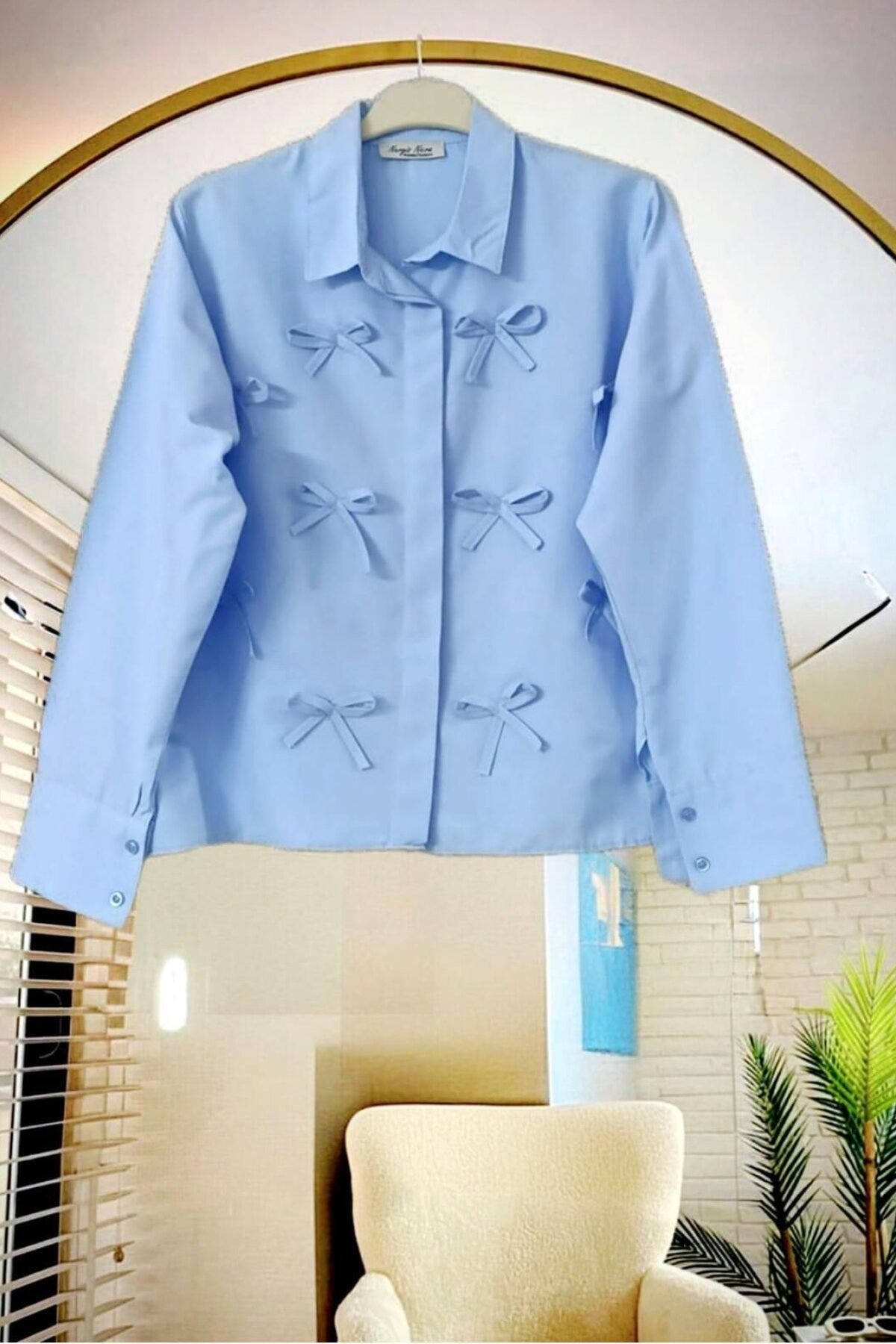 Mavi Kapalı Patlı Fiyonklu Poplin Kısa Gömlek - Nergis Neva Butik