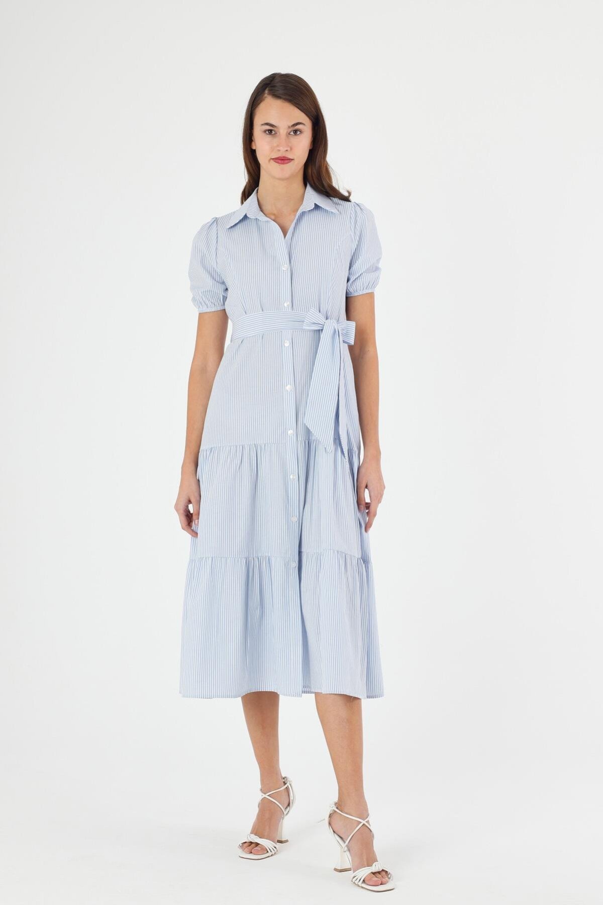 Blue Midi Button-Down Ruffled Hem Striped Dress - APSEN