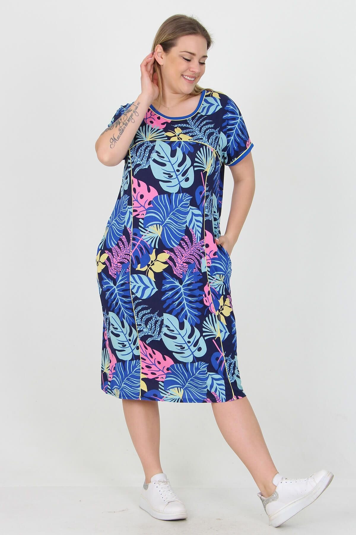 Blue Midi Floral Pattern Plus Size Viscose Dress - XXL BUTİK