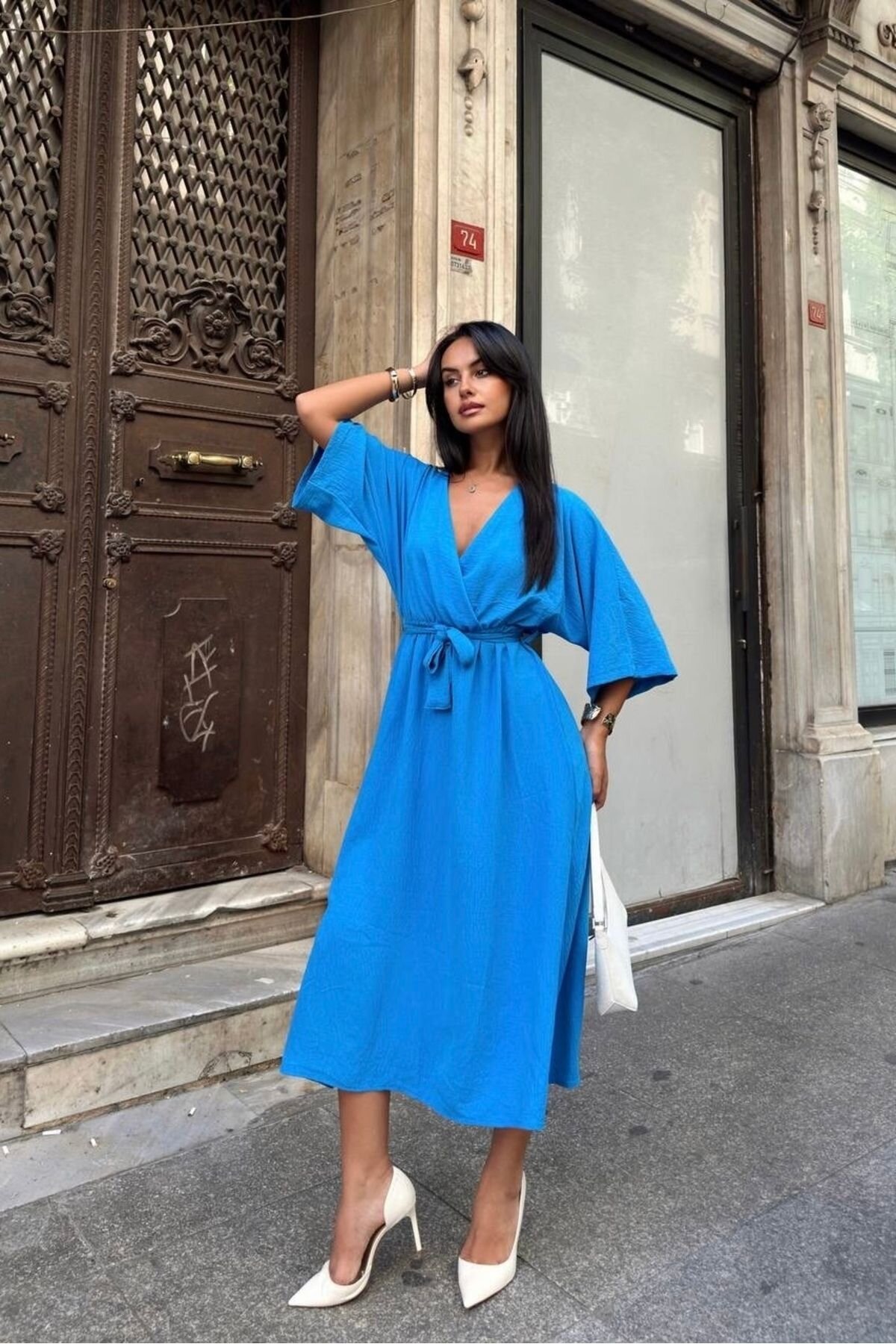 Mavi Midi Kemerli Yarasa Kol Ayrobin Elbise - Baby Xclub
