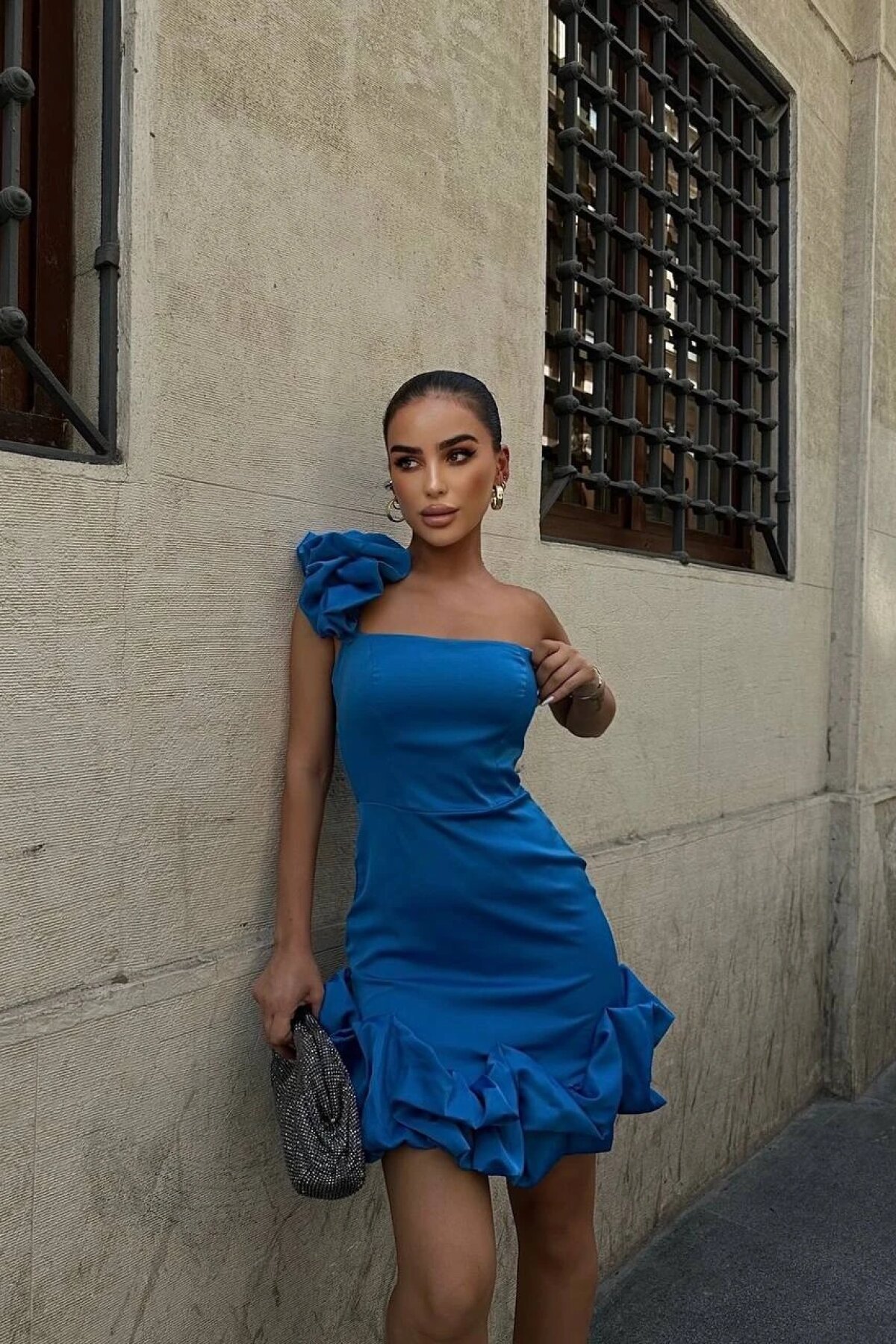 Mavi Mini Tek Omuzlu Rose Abiye Elbise - Luvita Co