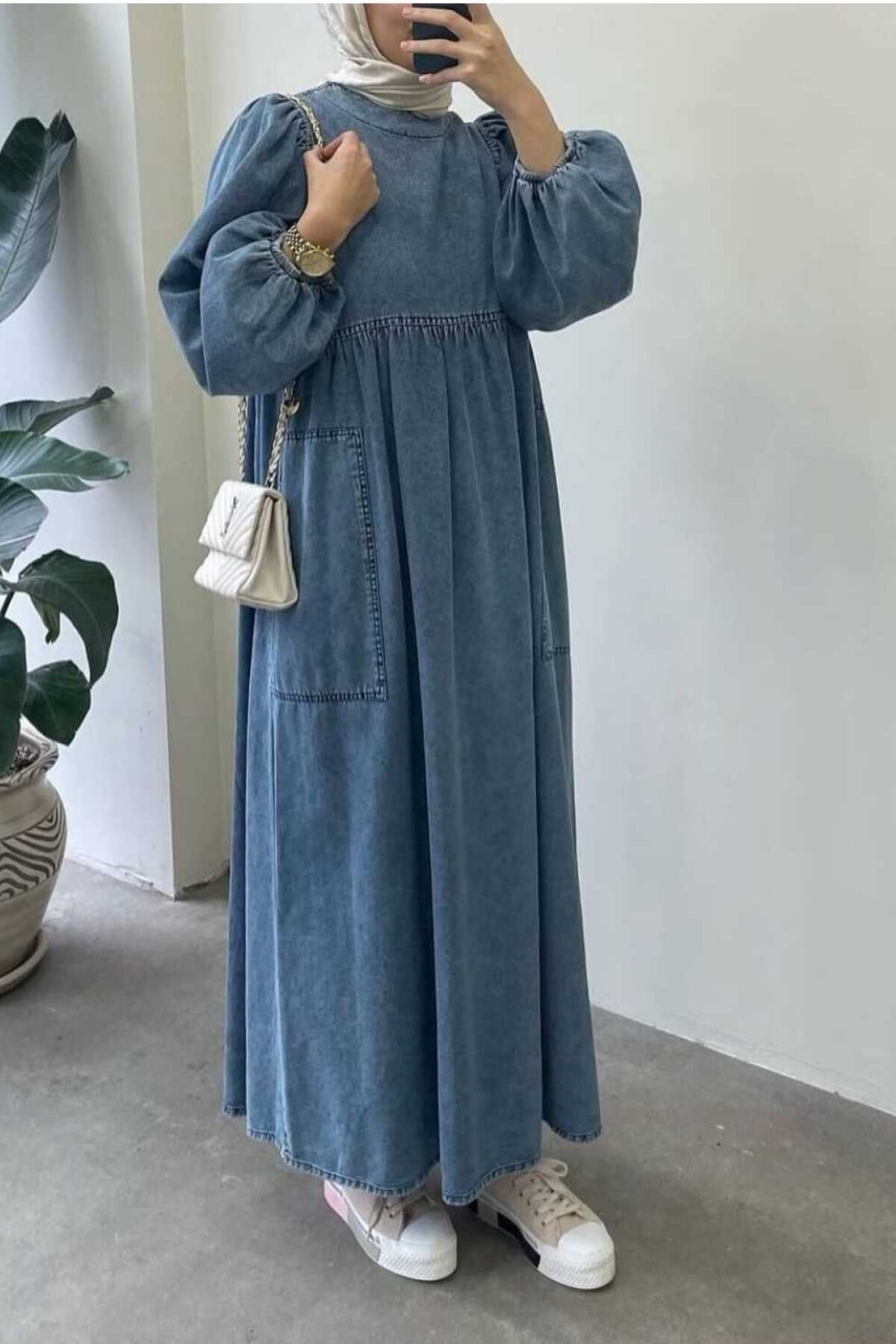 Mavi Oversize Salaş Kot Tesettür Elbise - OlaLady
