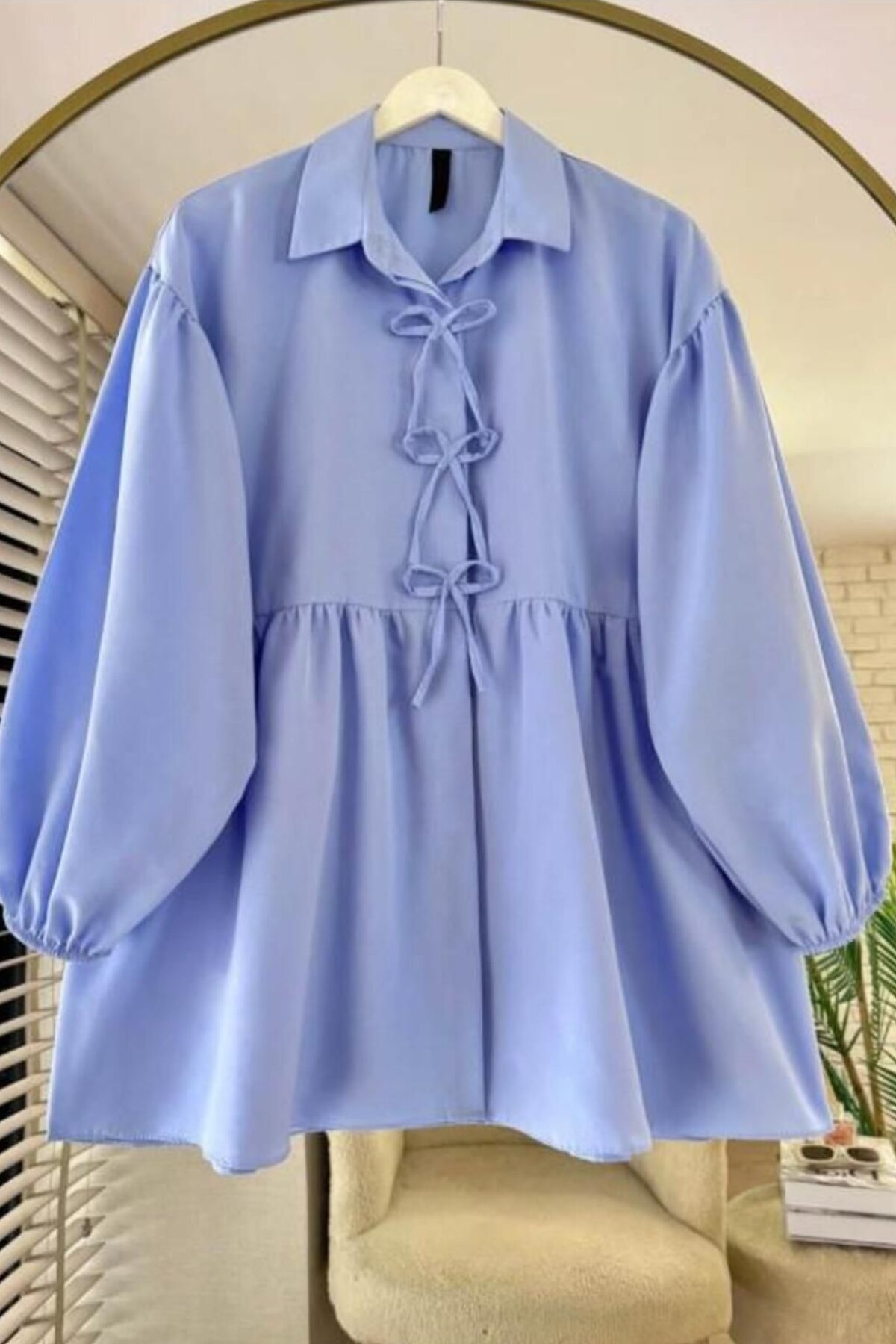 Mavi Poplin Kumaş Fiyonklu Balon Kol Tunik - Nergis Neva Butik